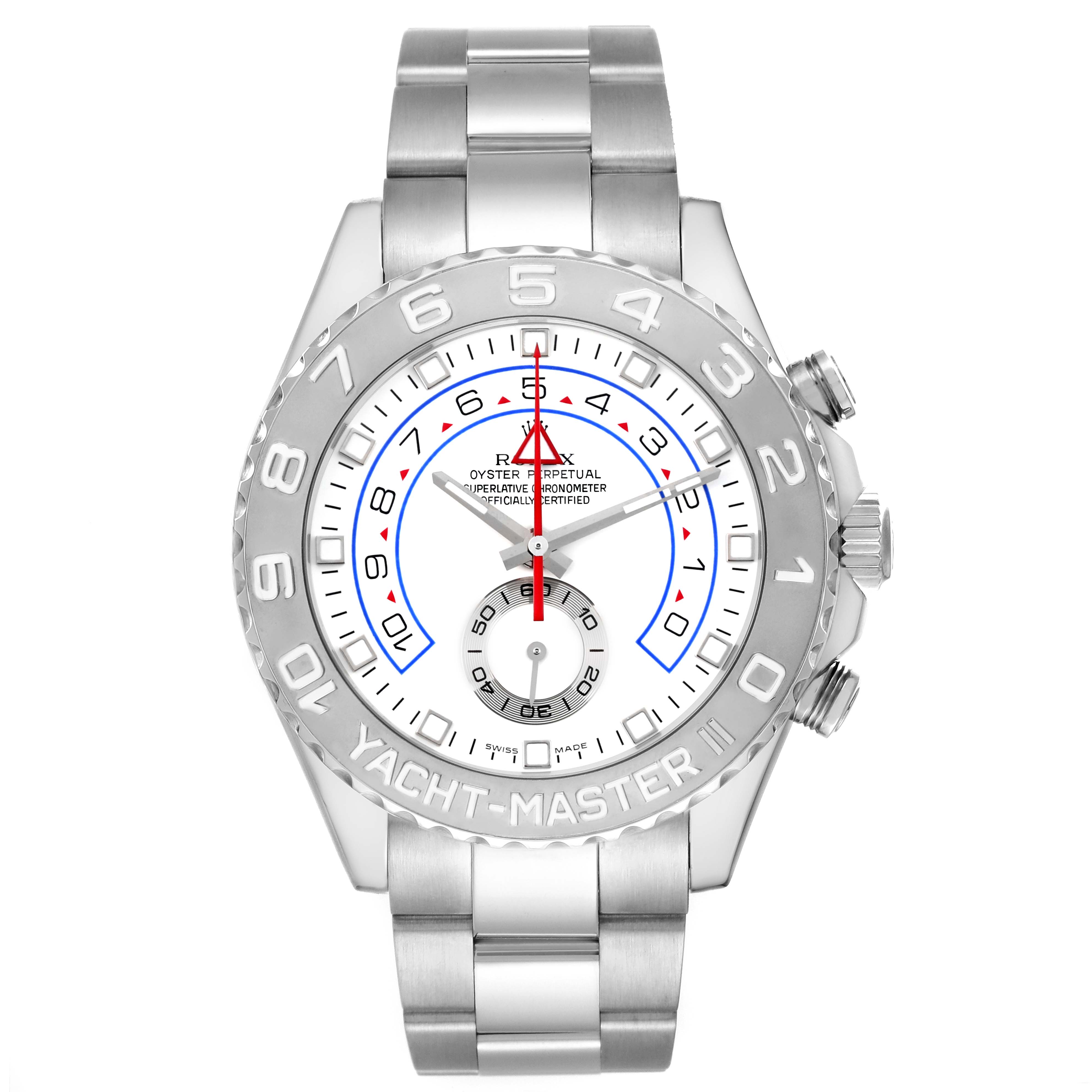The Rolex Yacht-Master 116689 Men's White Gold White Dial 116689 Men's White Gold White Dial watch is shown from a front angle, displaying the face, bezel, and part of the bracelet.