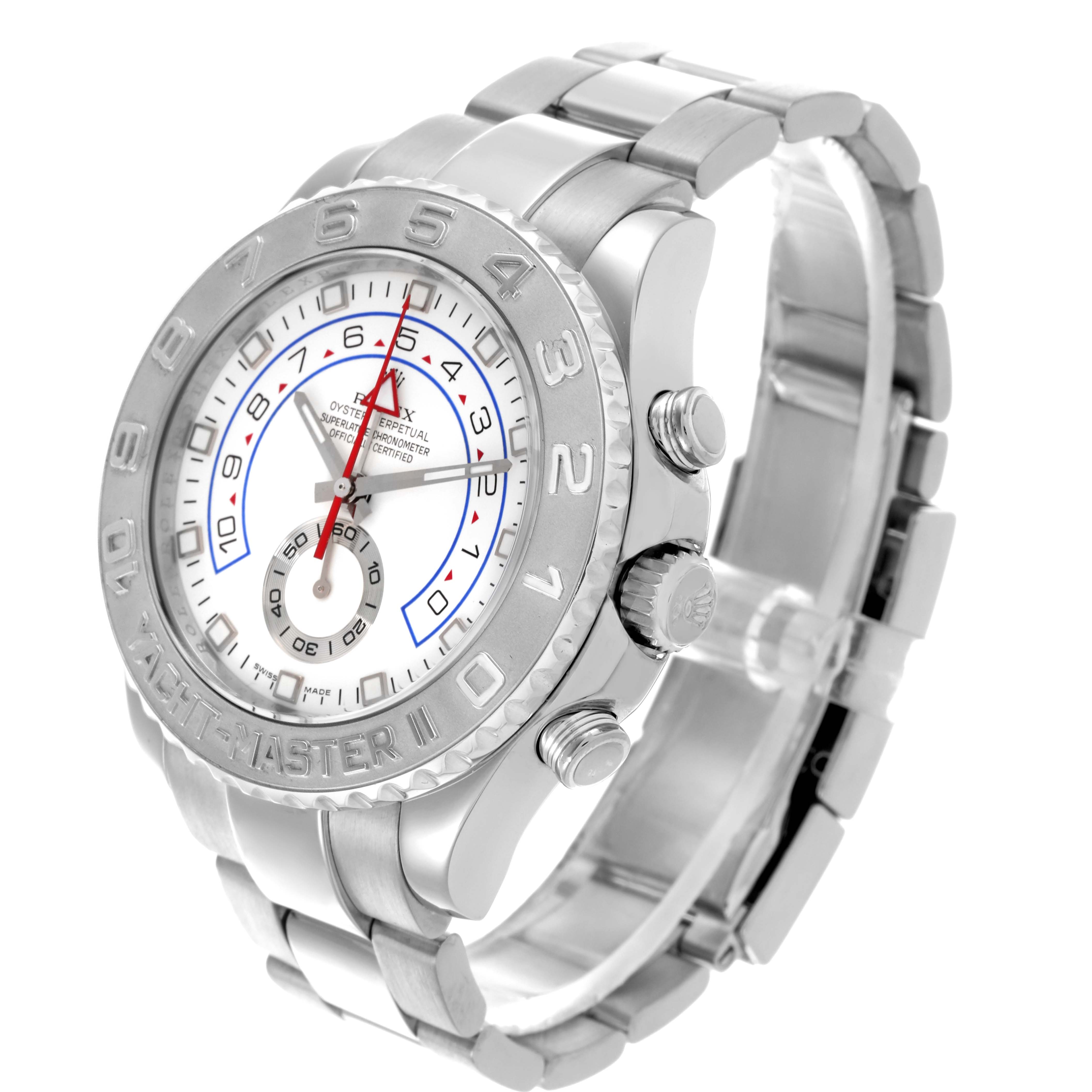 The Rolex Yacht-Master 116689 Men's White Gold White Dial 116689 Men's White Gold White Dial watch is shown at an angle highlighting the face, bezel, and bracelet.