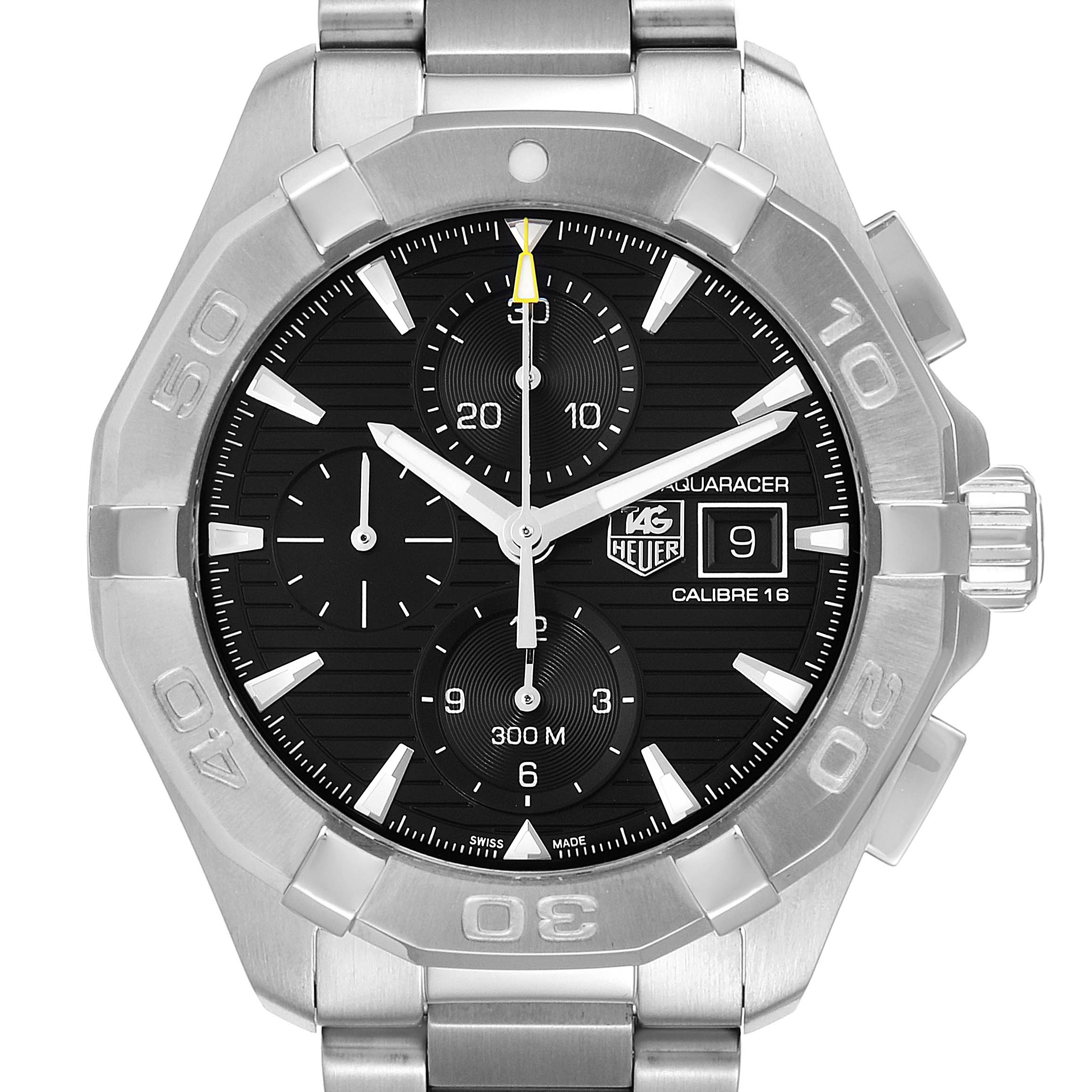 Front view of the Tag Heuer Aquaracer CAY2110.BA0927 Men
s Stainless Steel Black Dial CAY2110.BA0927 Men
s Stainless Steel Black Dial watch displaying the dial, bezel, and part of the stainless steel bracelet.