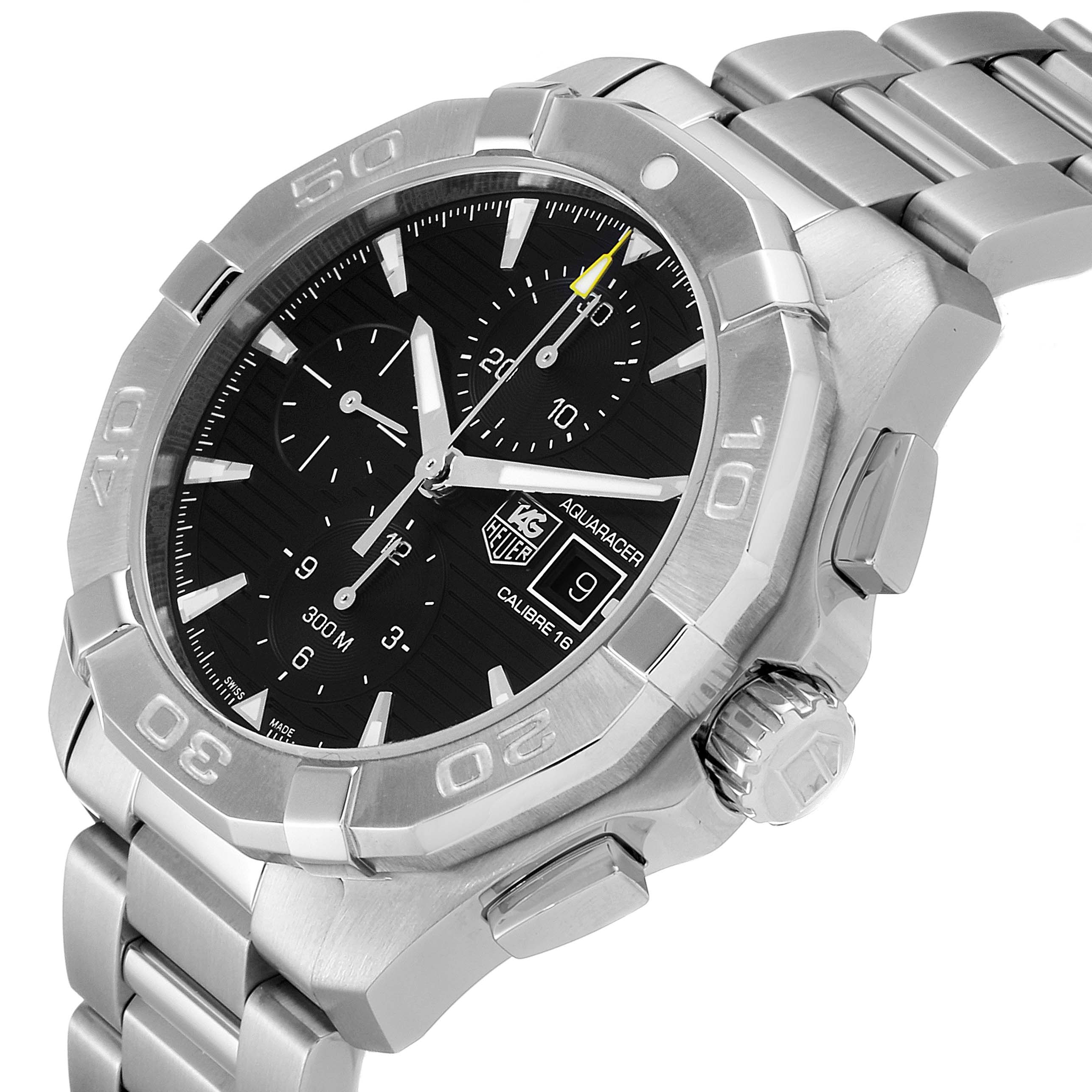 The image shows a side and top angle of a Tag Heuer Aquaracer CAY2110.BA0927 Men
s Stainless Steel Black Dial CAY2110.BA0927 Men
s Stainless Steel Black Dial watch, highlighting the bezel, crown, and bracelet.