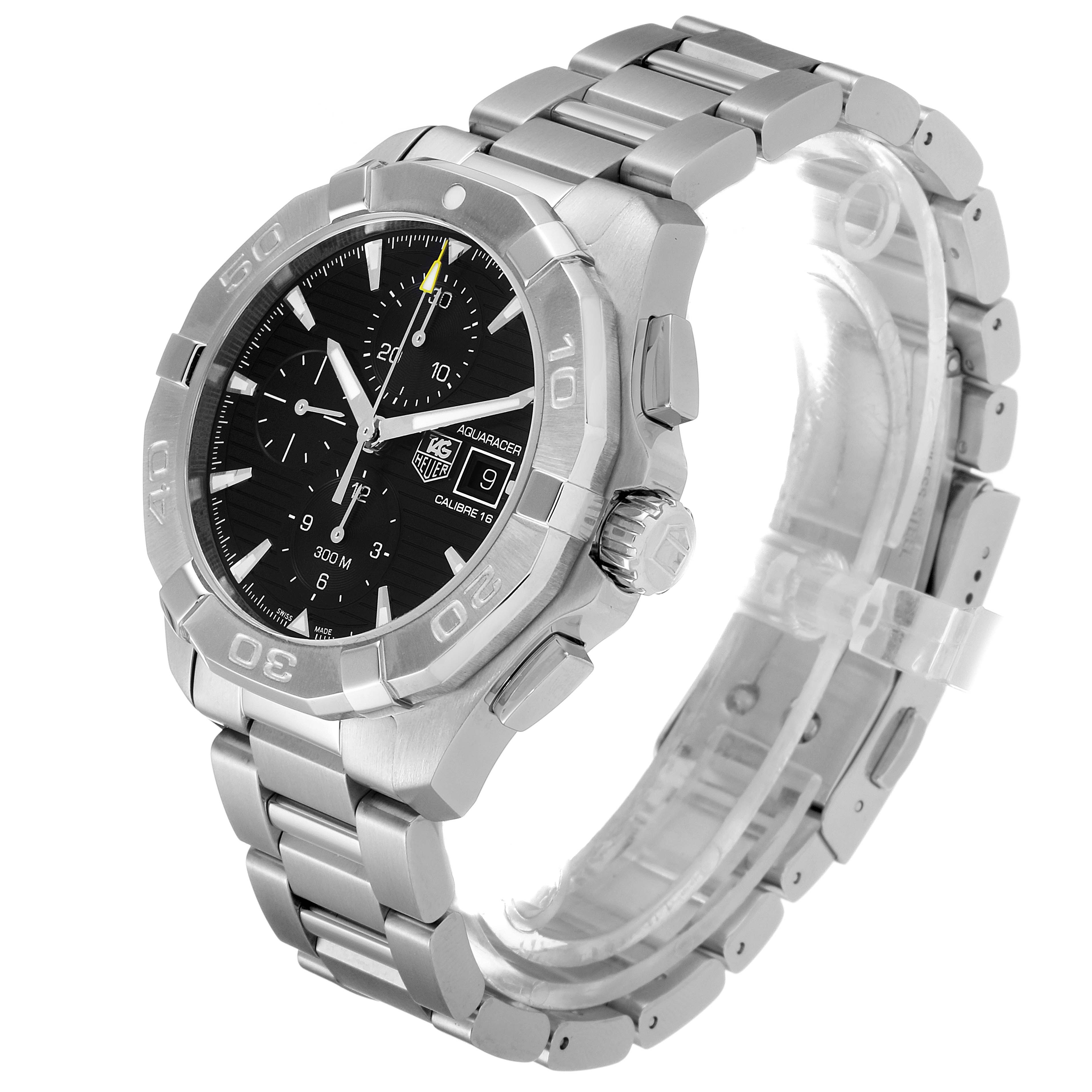 This image shows a Tag Heuer Aquaracer CAY2110.BA0927 Men
s Stainless Steel Black Dial CAY2110.BA0927 Men
s Stainless Steel Black Dial watch at a three-quarter angle focusing on the face and metal band.