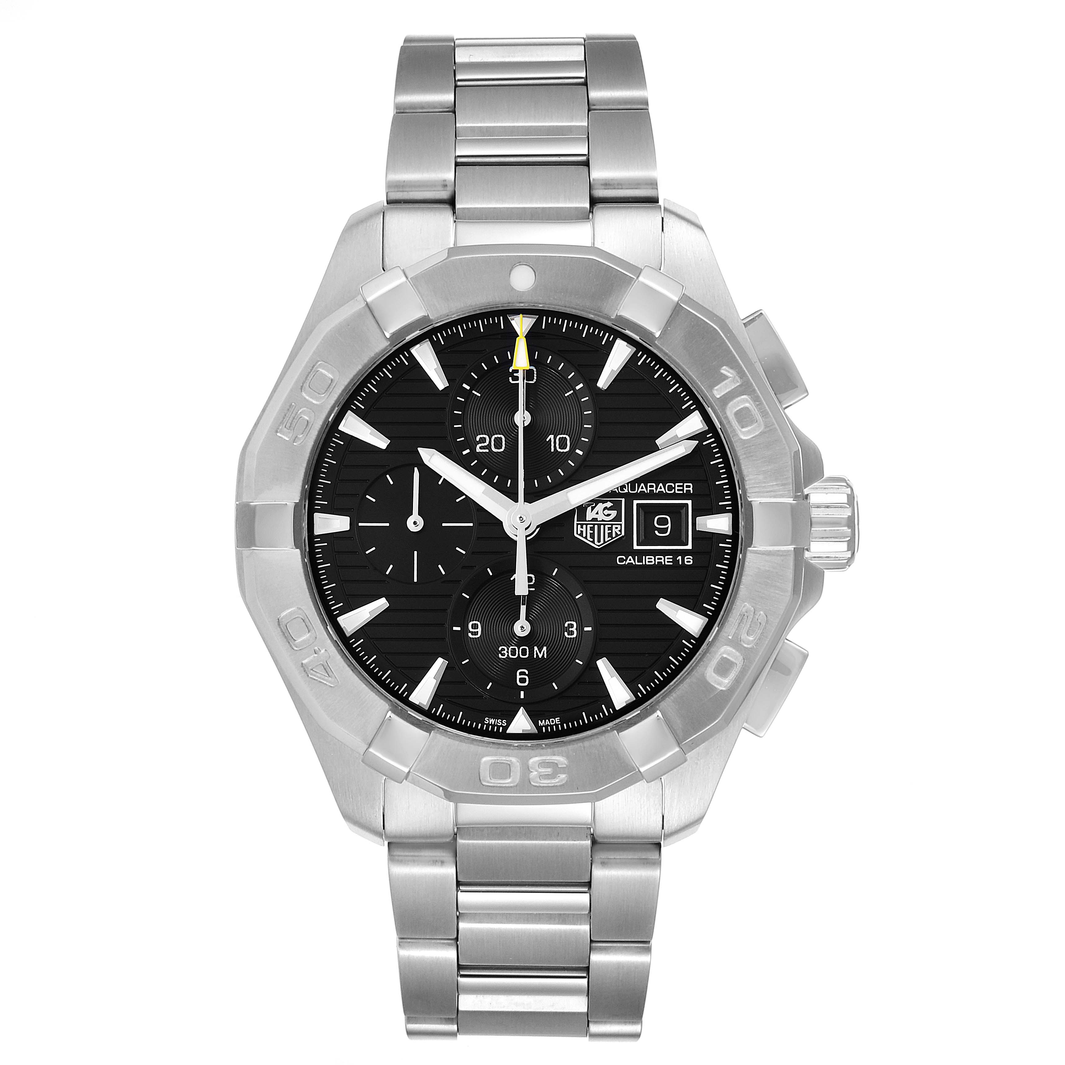 The image shows a front view of the Tag Heuer Aquaracer CAY2110.BA0927 Men
s Stainless Steel Black Dial CAY2110.BA0927 Men
s Stainless Steel Black Dial watch, featuring its dial, bezel, and stainless steel bracelet.