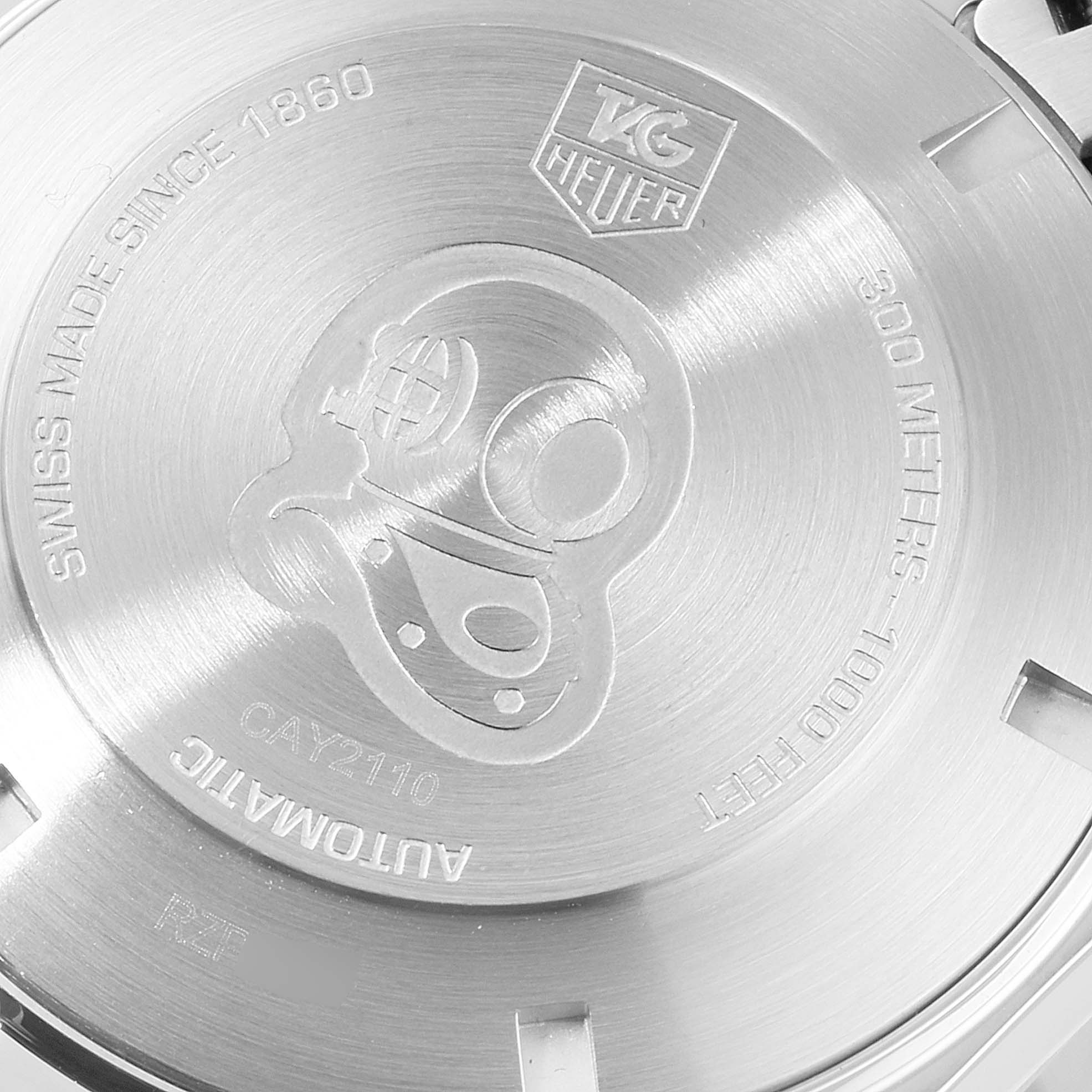 This image shows the engraved back case of a Tag Heuer Aquaracer CAY2110.BA0927 Men
s Stainless Steel Black Dial CAY2110.BA0927 Men
s Stainless Steel Black Dial watch, featuring the brand logo and depth rating.