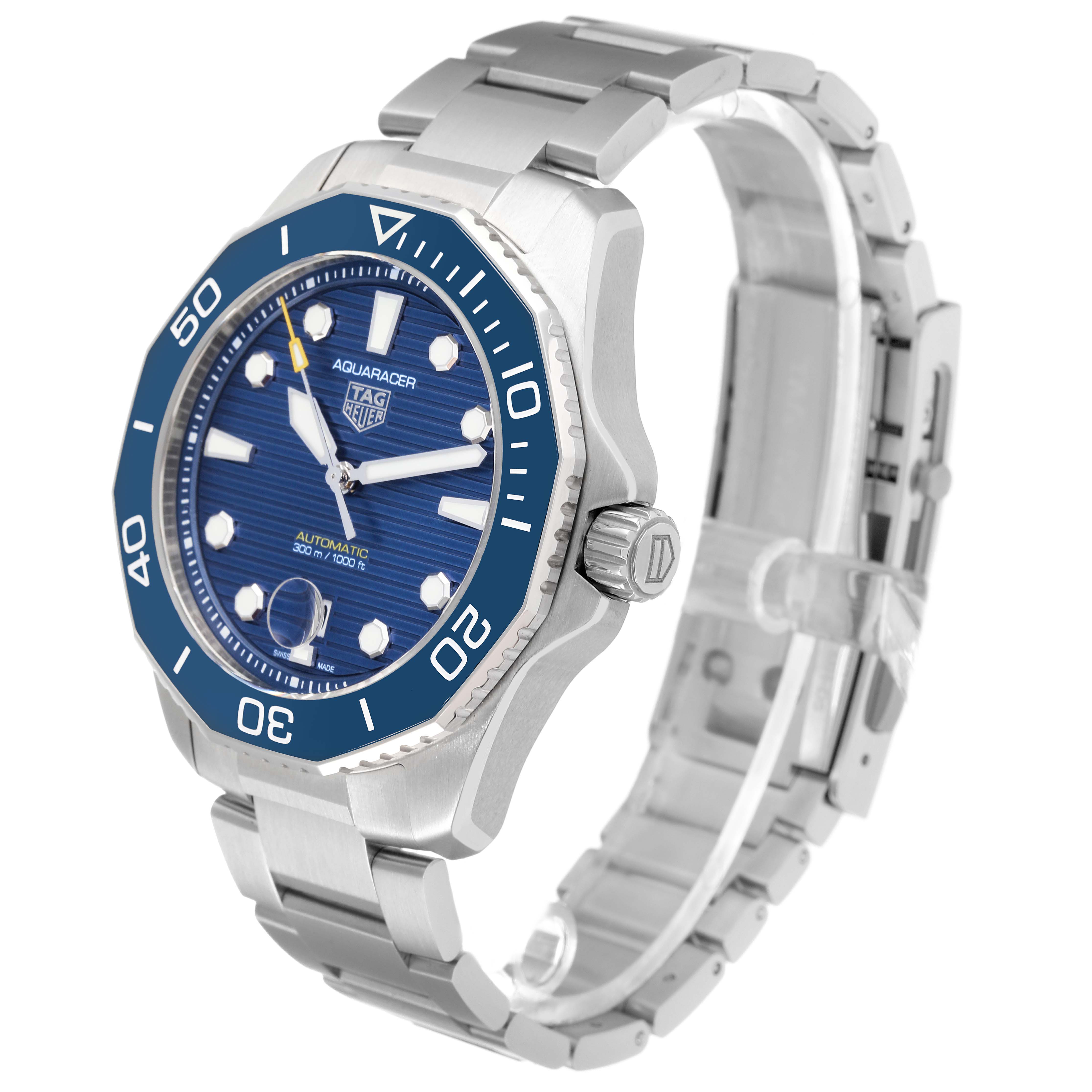 The image shows a Tag Heuer Aquaracer WBP201B.BA0632 Men's Stainless Steel Blue Dial WBP201B.BA0632 Men's Stainless Steel Blue Dial watch angled to highlight its face, bezel, bracelet, and crown.