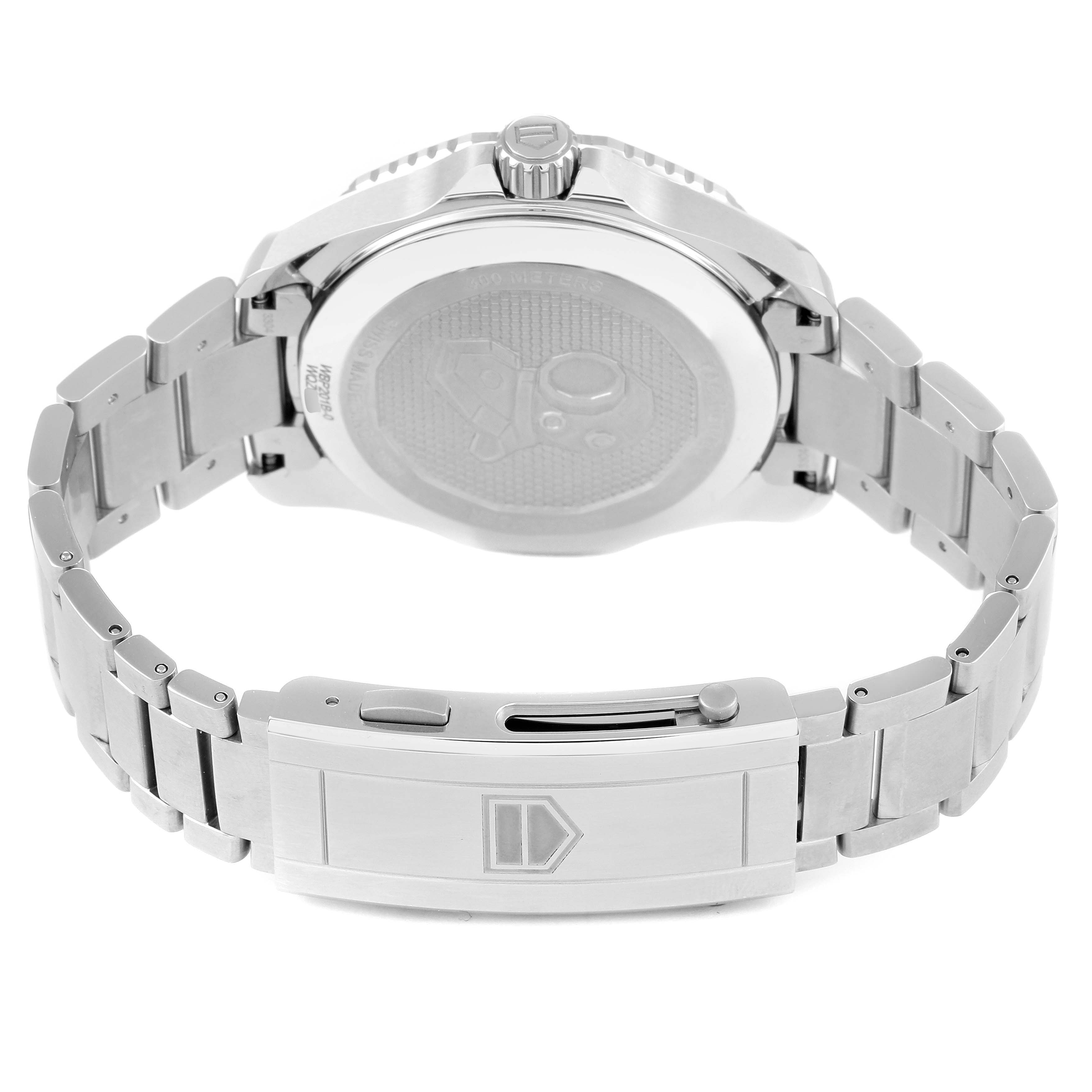 This image shows the back view of the Tag Heuer Aquaracer WBP201B.BA0632 Men's Stainless Steel Blue Dial WBP201B.BA0632 Men's Stainless Steel Blue Dial watch, focusing on the case back, crown, and metal bracelet with clasp.