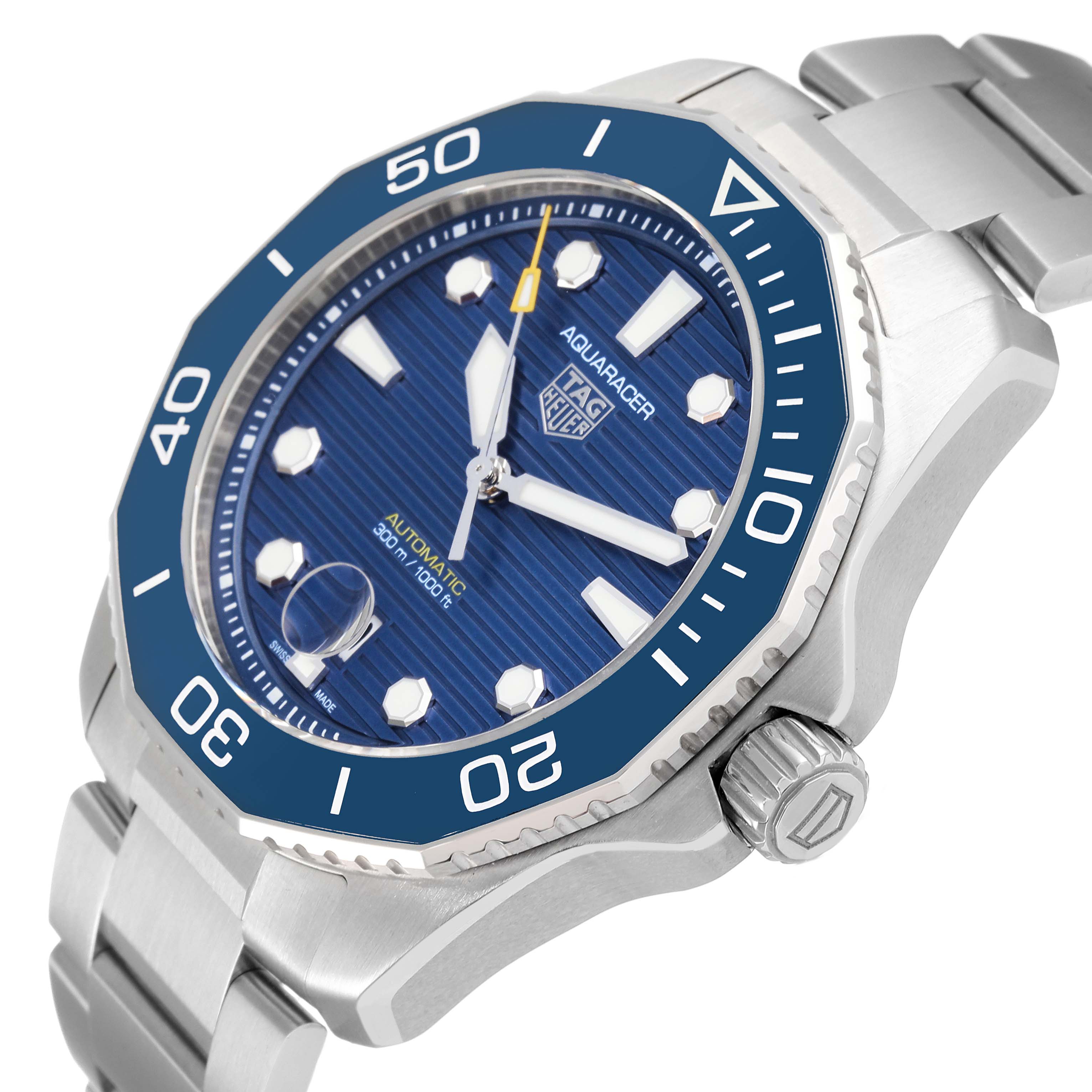 The image shows a Tag Heuer Aquaracer WBP201B.BA0632 Men's Stainless Steel Blue Dial WBP201B.BA0632 Men's Stainless Steel Blue Dial watch at a slight angle, displaying its face, bezel, crown, and part of the metal bracelet.