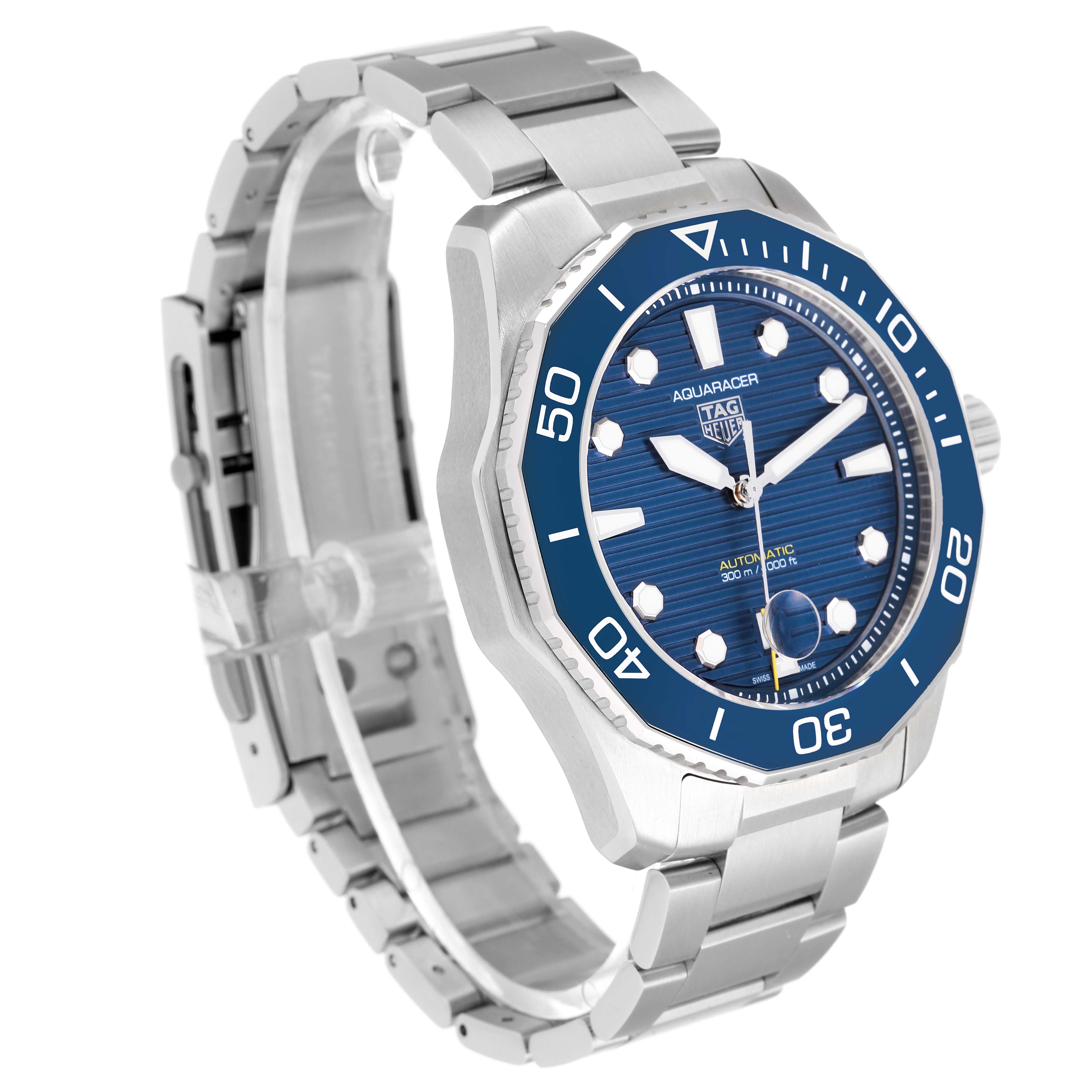 The Tag Heuer Aquaracer WBP201B.BA0632 Men's Stainless Steel Blue Dial WBP201B.BA0632 Men's Stainless Steel Blue Dial watch is shown at an angle highlighting the face, bezel, and partial bracelet.