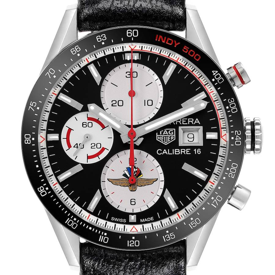 The image shows a front view of the Tag Heuer Carrera watch, highlighting the dial, subdials, and bezel details.