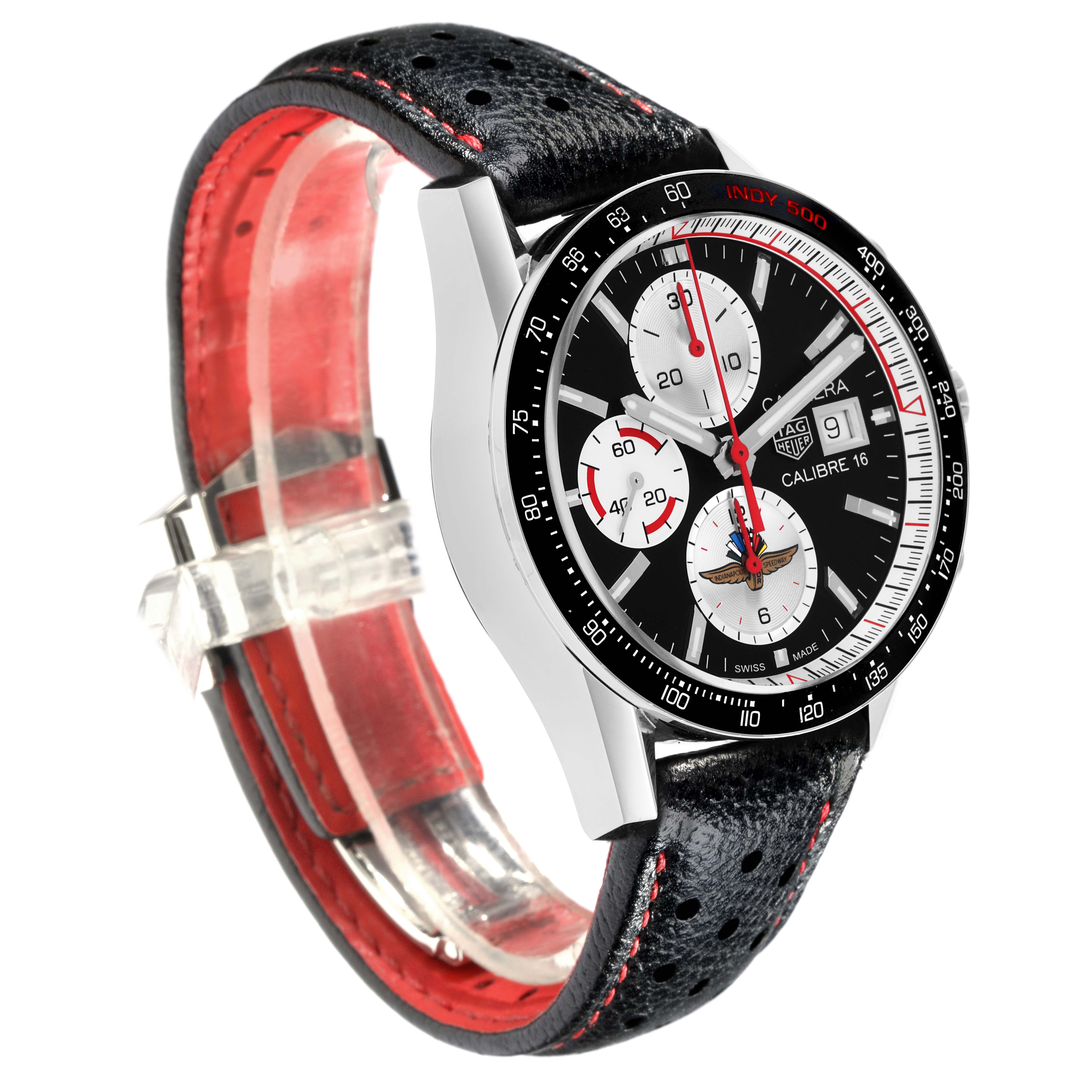 The Tag Heuer Carrera CV201AS.FC6429 Men
s Stainless Steel Black Dial CV201AS.FC6429 Men
s Stainless Steel Black Dial watch is shown at a three-quarter angle, highlighting the face, bezel, and strap.