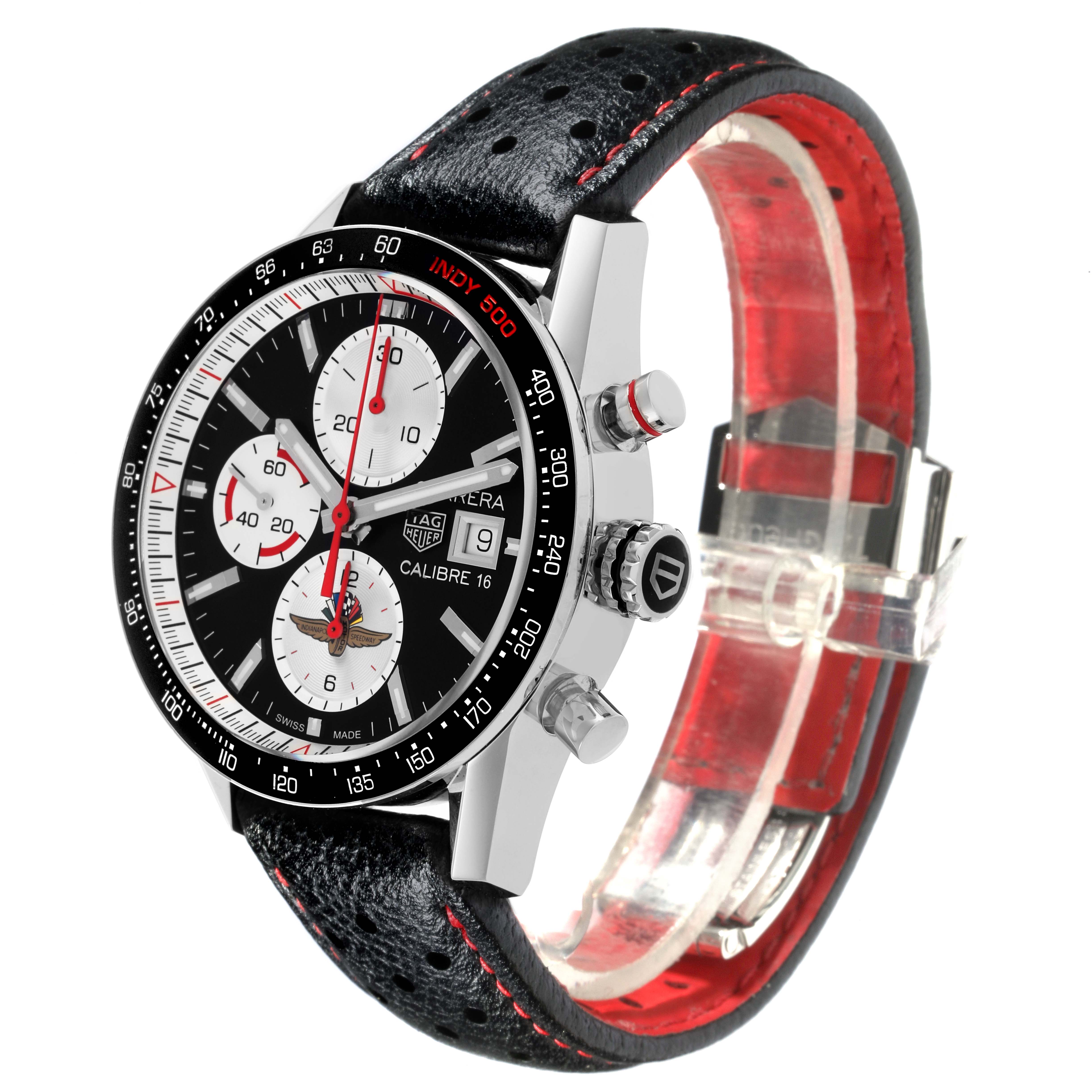 The Tag Heuer Carrera CV201AS.FC6429 Men
s Stainless Steel Black Dial CV201AS.FC6429 Men
s Stainless Steel Black Dial watch is shown at a three-quarter angle, displaying its face, side buttons, and leather strap.