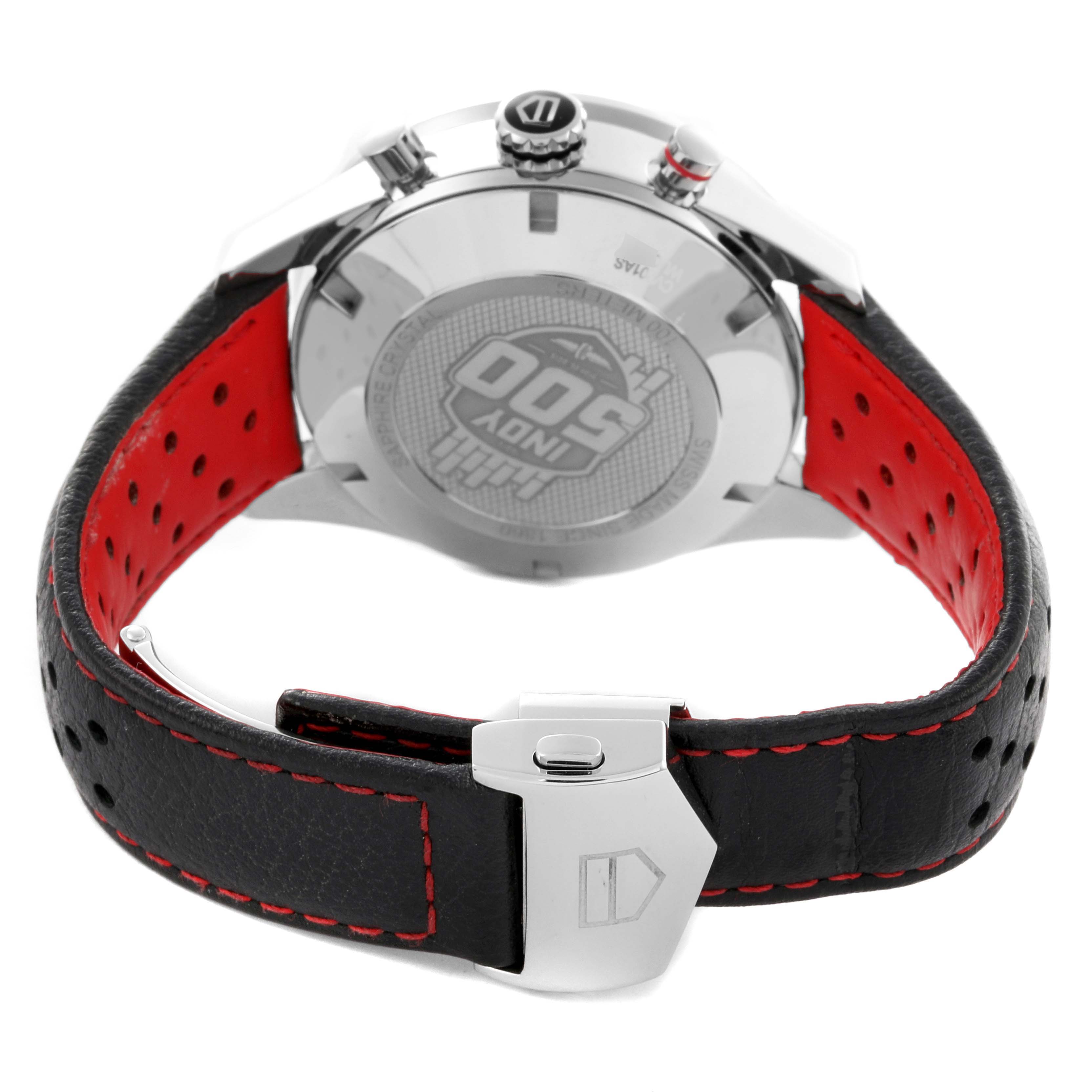 The image shows the back of the Tag Heuer Carrera CV201AS.FC6429 Men
s Stainless Steel Black Dial CV201AS.FC6429 Men
s Stainless Steel Black Dial watch, highlighting the case back, crown, and black leather strap with red interior.