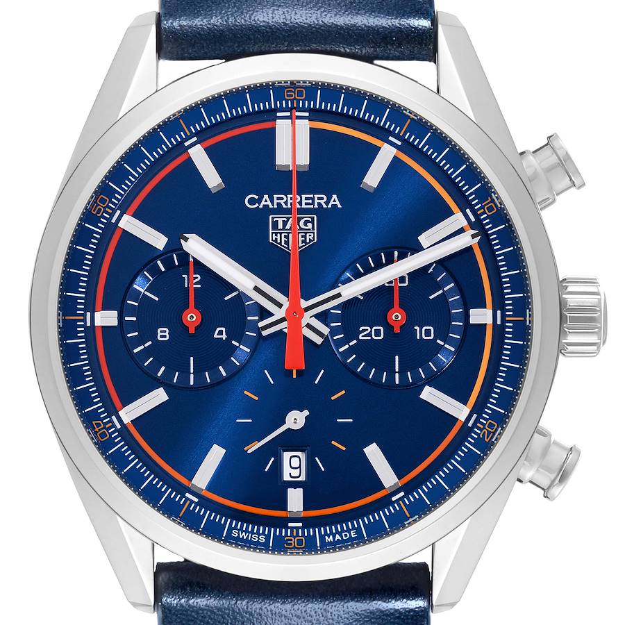 The Tag Heuer Carrera watch is shown from a front-facing angle, highlighting its blue dial, subdials, and crown.