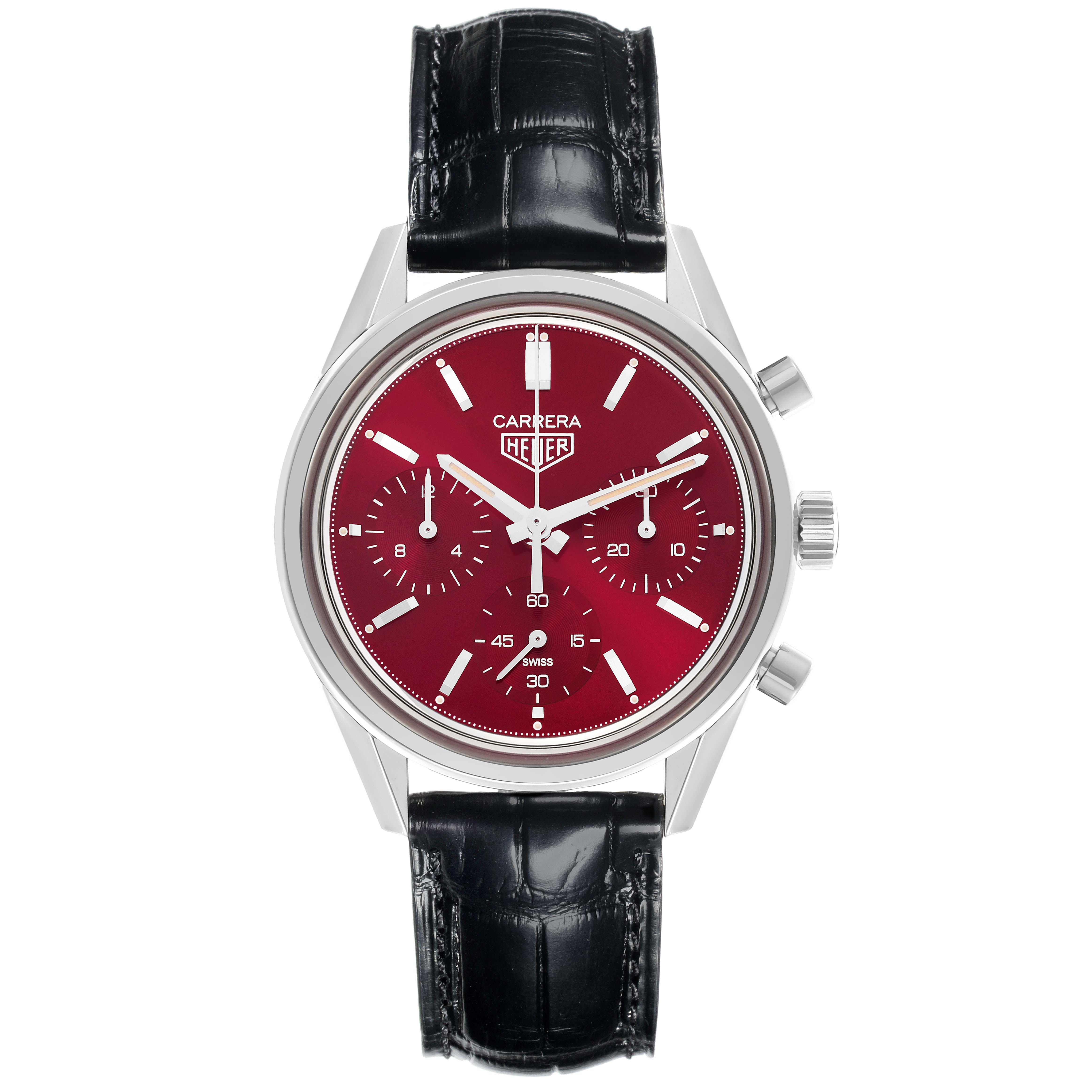 The Tag Heuer Carrera CBK221G.FC6479 Men's Stainless Steel Red Dial CBK221G.FC6479 Men's Stainless Steel Red Dial watch is shown from a frontal angle, highlighting its red dial and black leather strap.