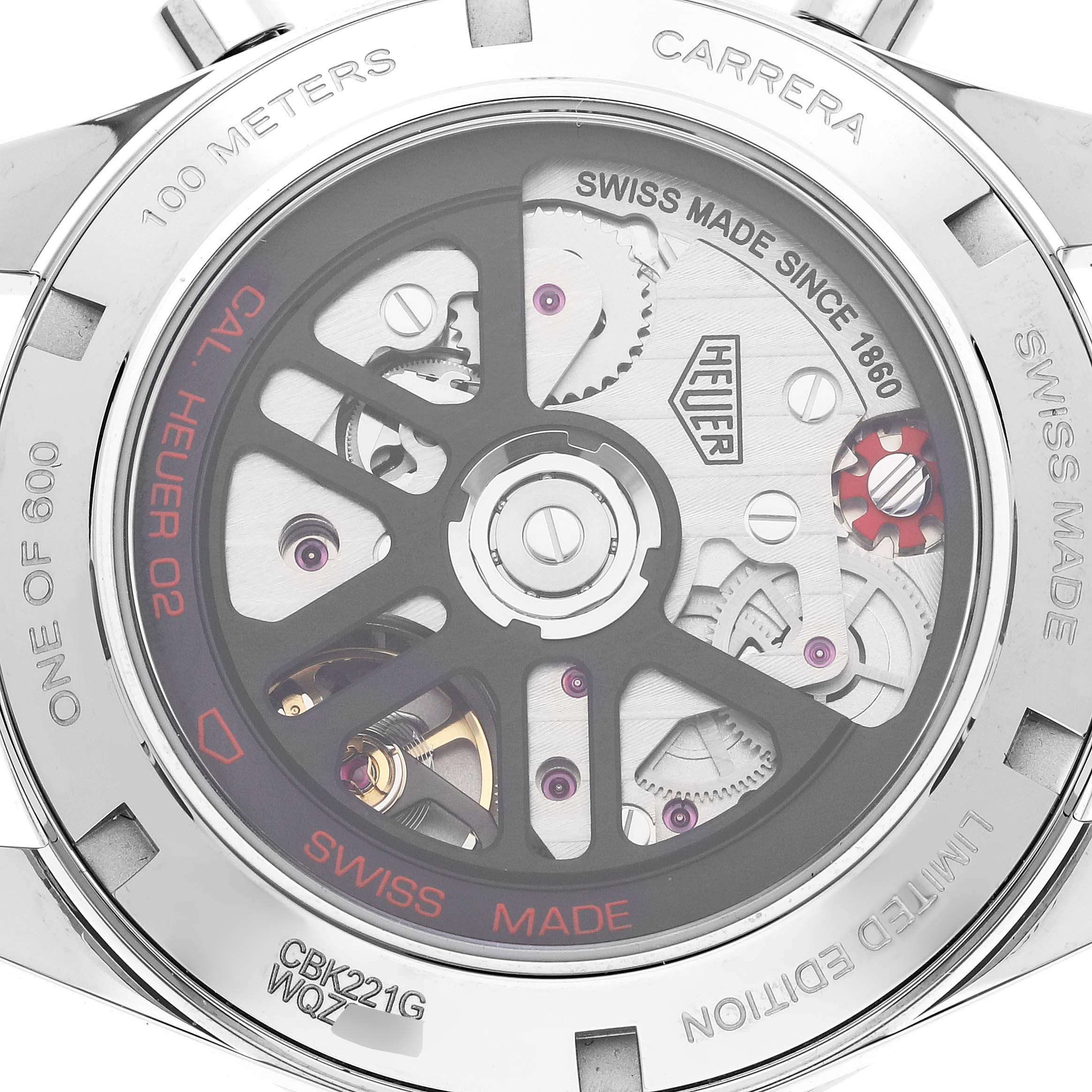The image shows the back case of a Tag Heuer Carrera CBK221G.FC6479 Men's Stainless Steel Red Dial CBK221G.FC6479 Men's Stainless Steel Red Dial, displaying the Calibre Heuer 02 movement.
