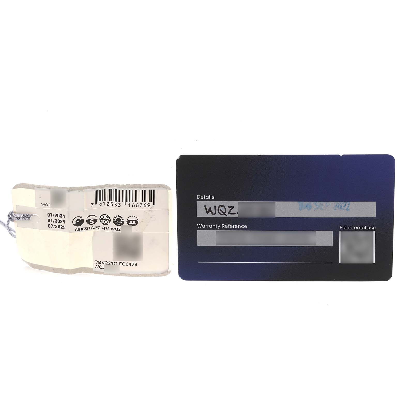 The image shows warranty tags and cards for the Tag Heuer Carrera CBK221G.FC6479 Men's Stainless Steel Red Dial CBK221G.FC6479 Men's Stainless Steel Red Dial model.