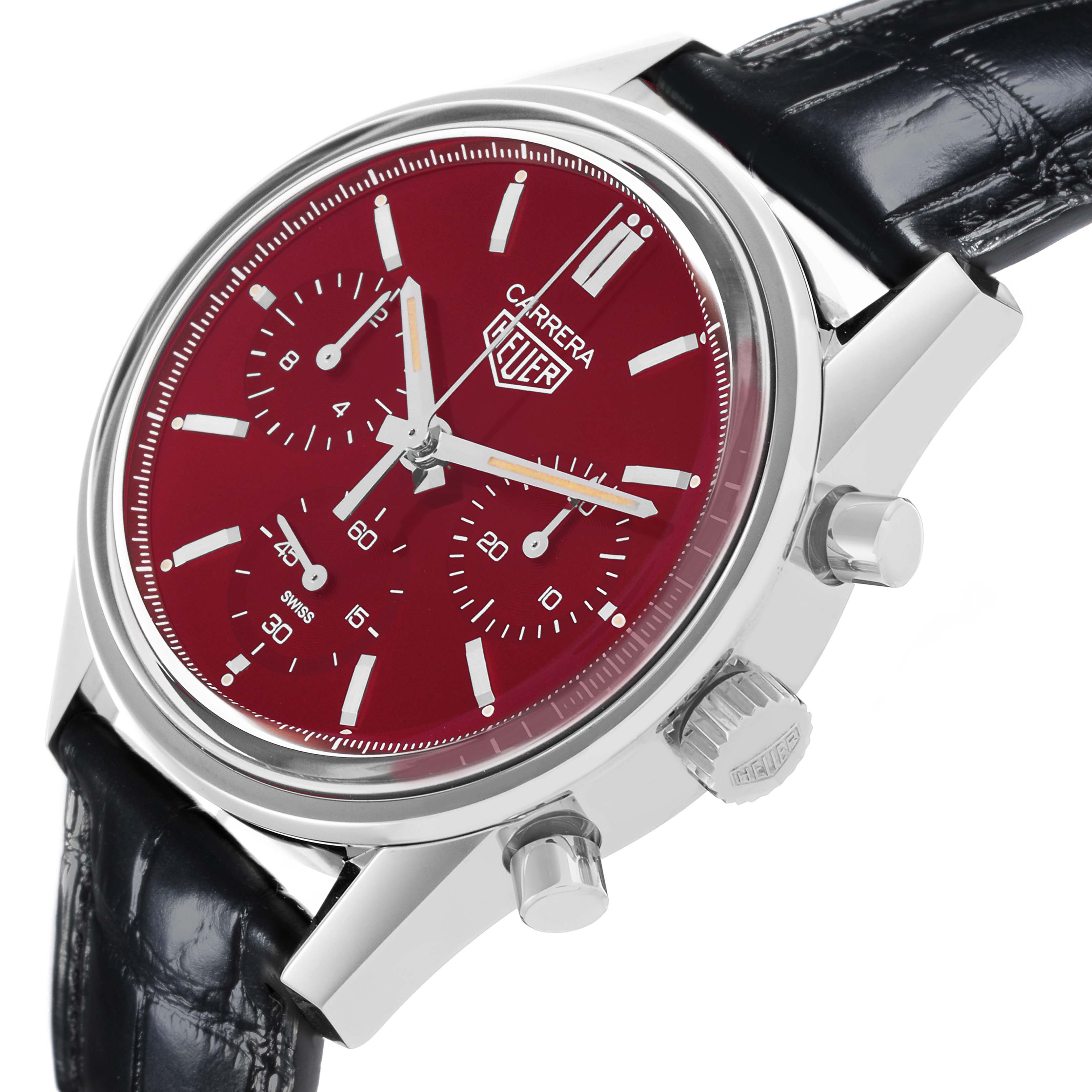 The image shows a Tag Heuer Carrera CBK221G.FC6479 Men's Stainless Steel Red Dial CBK221G.FC6479 Men's Stainless Steel Red Dial watch at a side angle, highlighting the red dial, subdials, and crown.