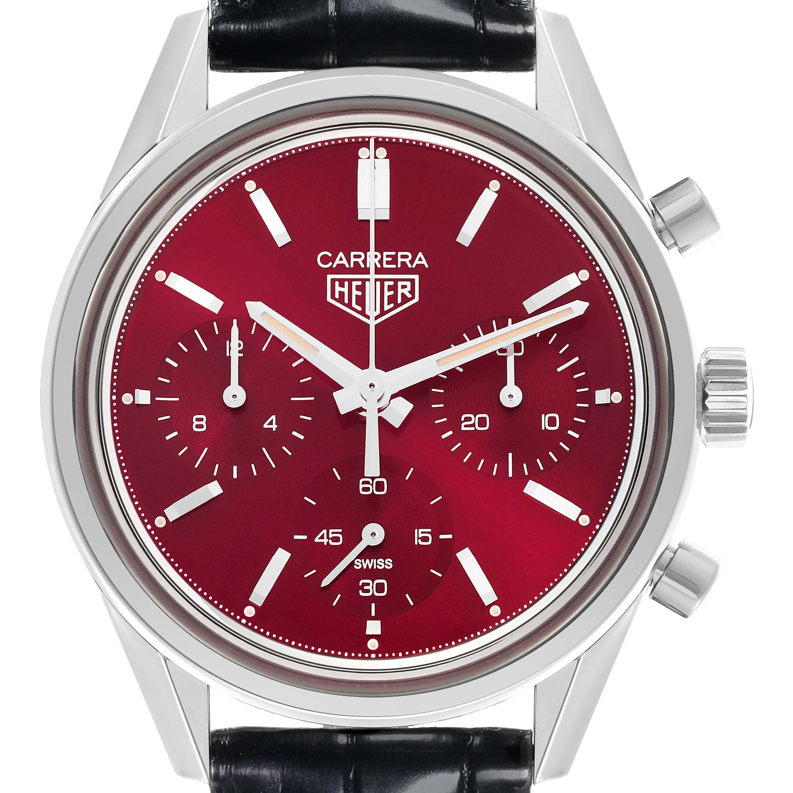 The Tag Heuer Carrera CBK221G.FC6479 Men's Stainless Steel Red Dial CBK221G.FC6479 Men's Stainless Steel Red Dial watch is shown from a front angle, highlighting its red dial, subdials, and crown.