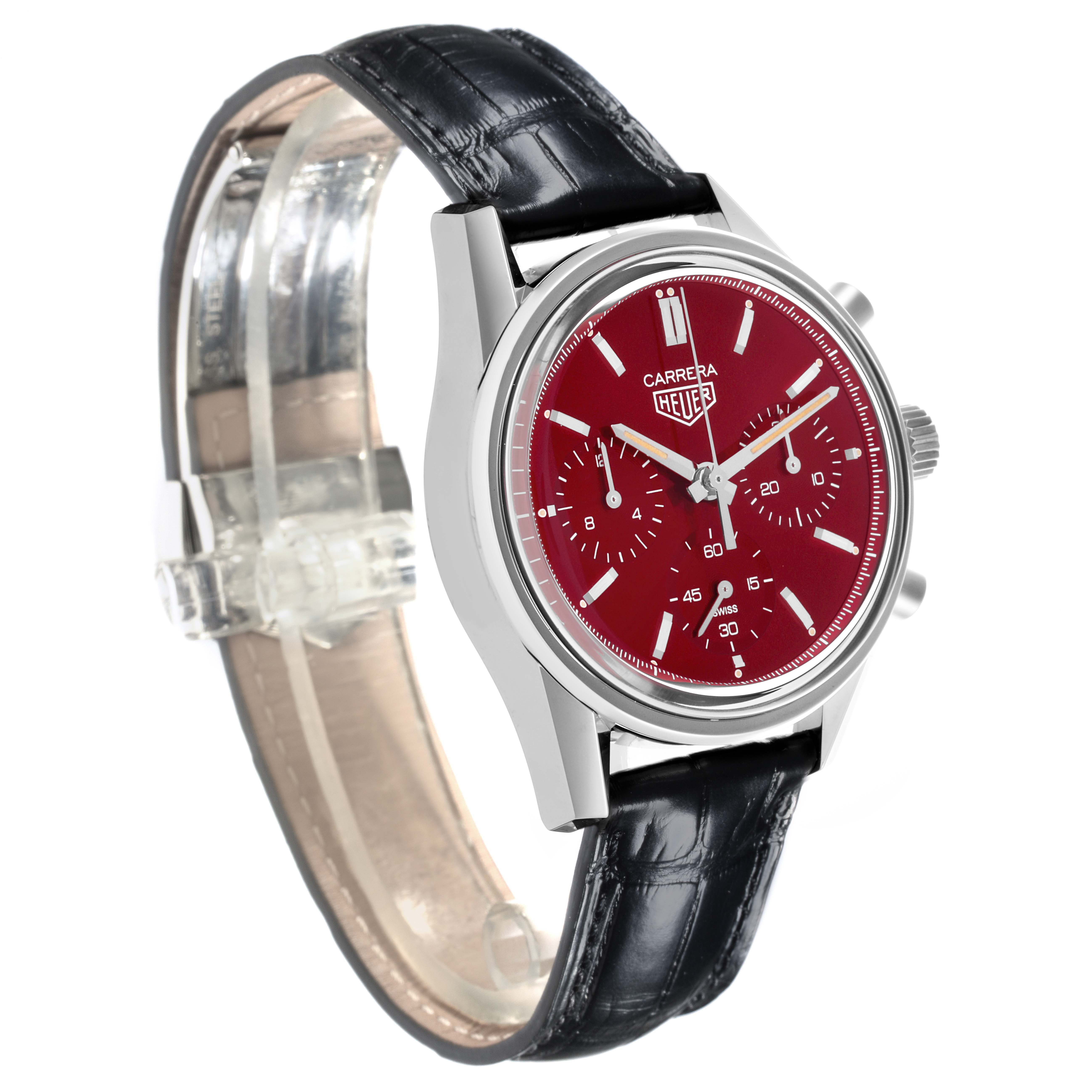 The Tag Heuer Carrera CBK221G.FC6479 Men's Stainless Steel Red Dial CBK221G.FC6479 Men's Stainless Steel Red Dial watch is shown at a three-quarter angle, displaying the case, dial, crown, pushers, and black leather strap.