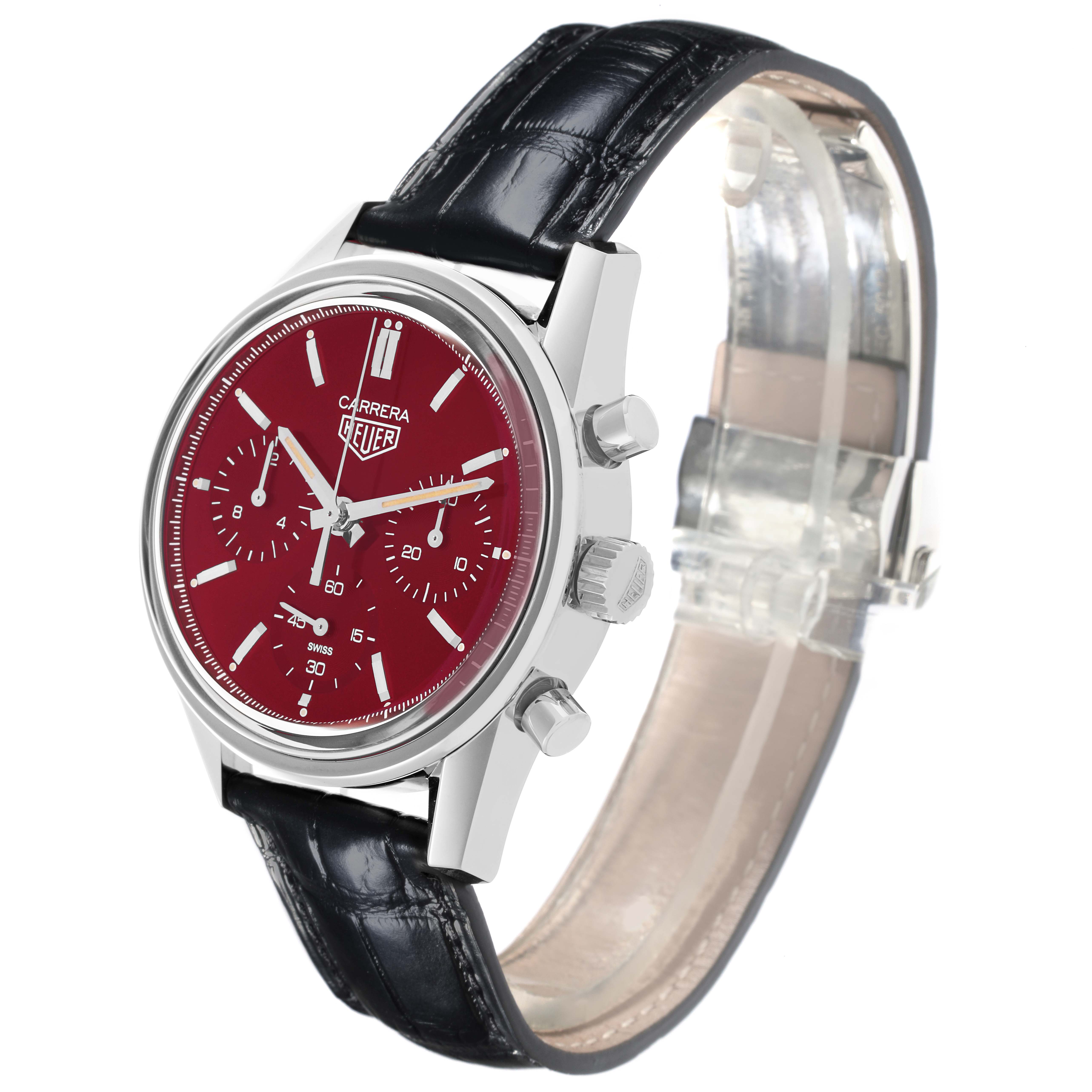 The image shows a Tag Heuer Carrera CBK221G.FC6479 Men's Stainless Steel Red Dial CBK221G.FC6479 Men's Stainless Steel Red Dial watch at a front-side angle, highlighting the case, dial, subdials, crown, and leather strap.
