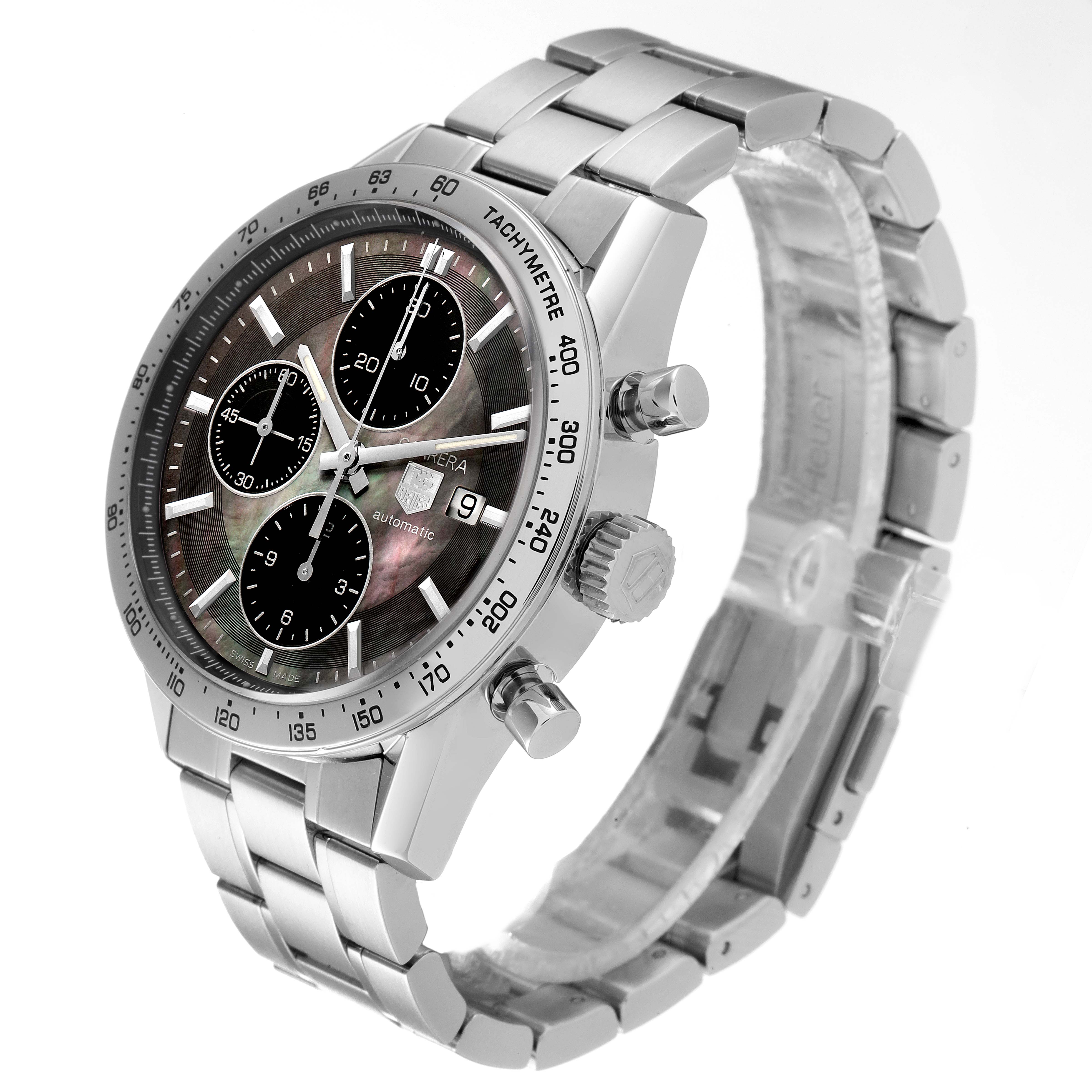 The image shows a side angle of the Tag Heuer Carrera CV201P Men's Stainless Steel Mother of Pearl Dial CV201P Men's Stainless Steel Mother of Pearl Dial watch, highlighting the face, bezel, crown, pushers, and metal bracelet.