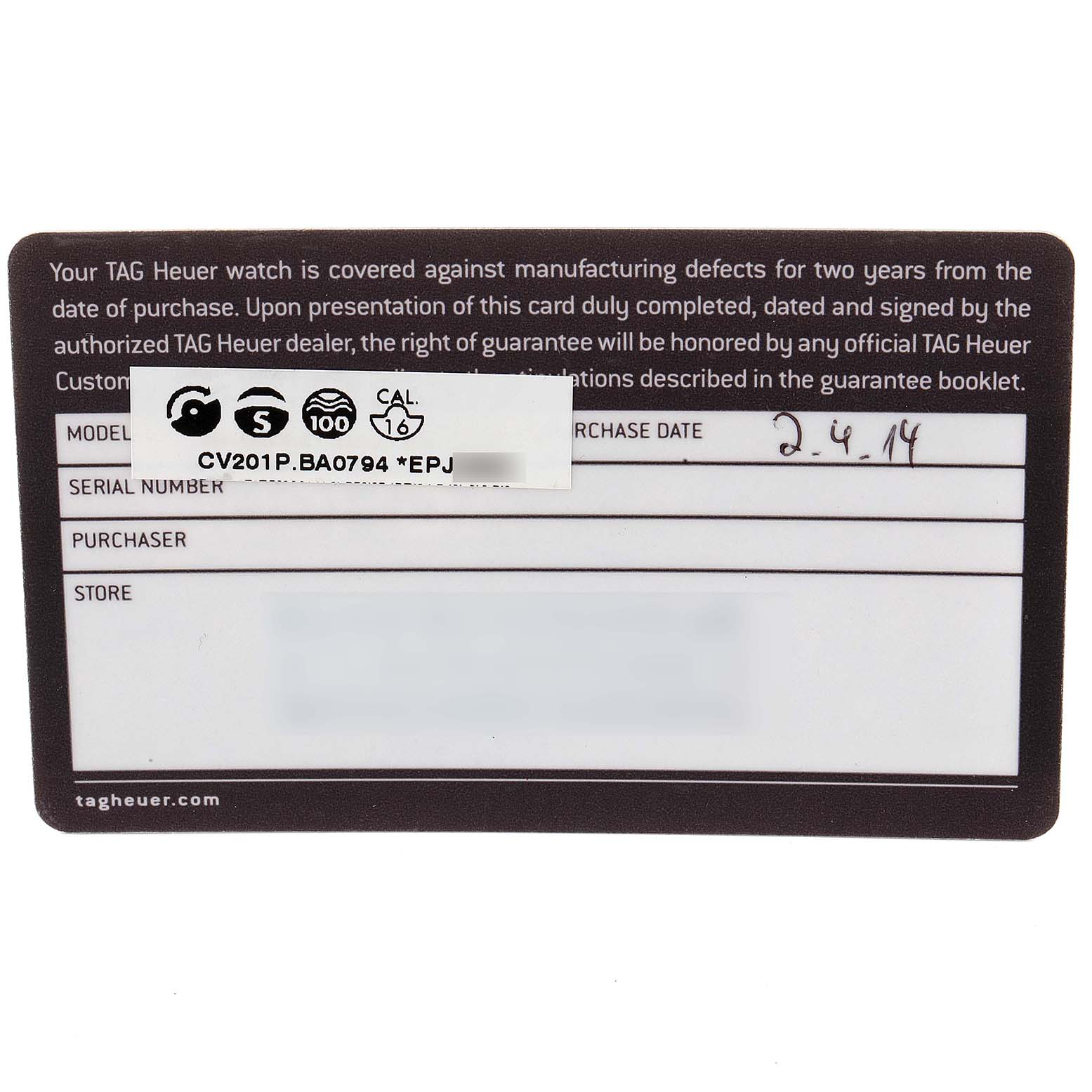 This image shows the warranty card for a Tag Heuer Carrera CV201P Men's Stainless Steel Mother of Pearl Dial CV201P Men's Stainless Steel Mother of Pearl Dial watch, including model number, serial number, and purchase date.