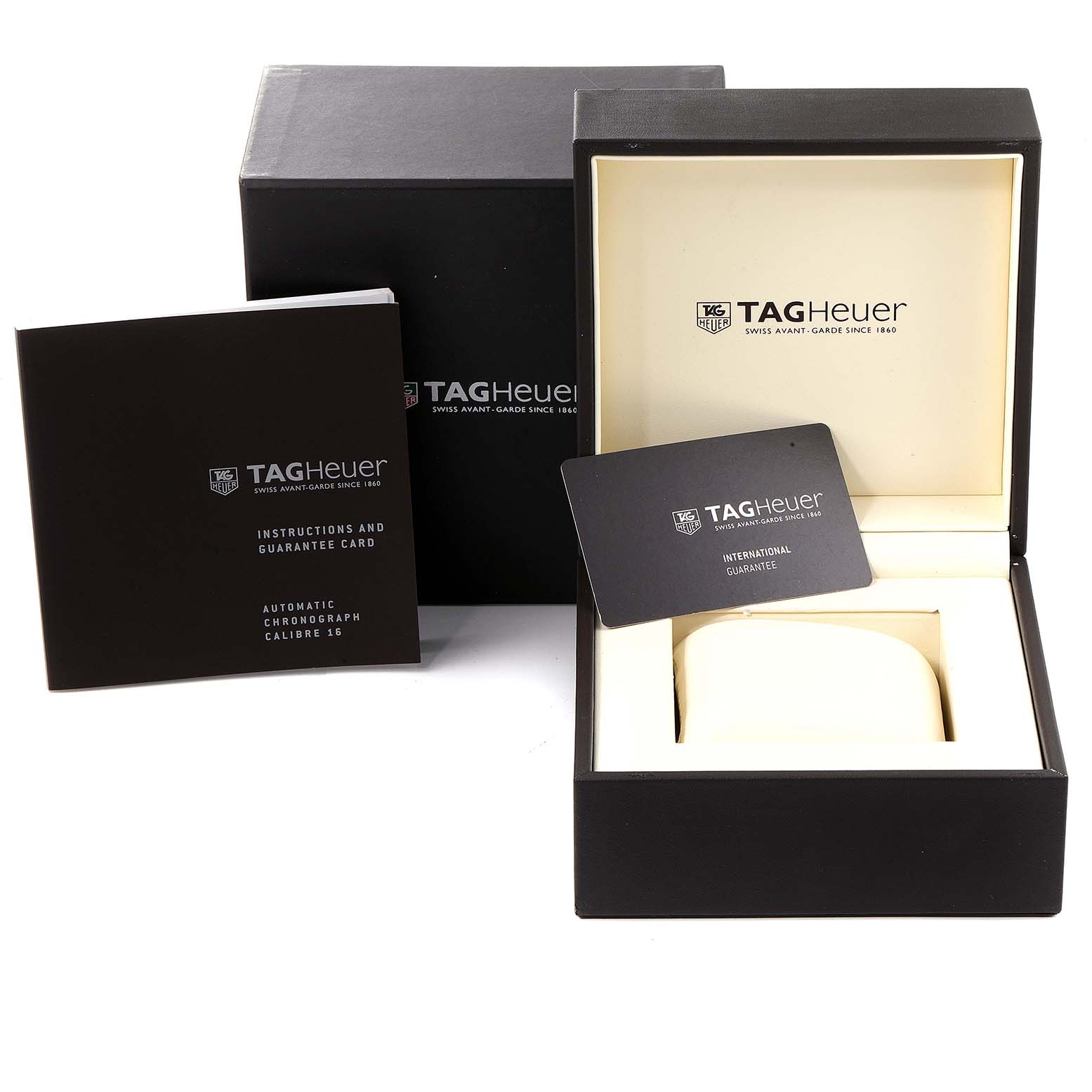 The image shows the box, instruction manual, and guarantee card for the Tag Heuer Carrera CV201P Men's Stainless Steel Mother of Pearl Dial CV201P Men's Stainless Steel Mother of Pearl Dial watch model.