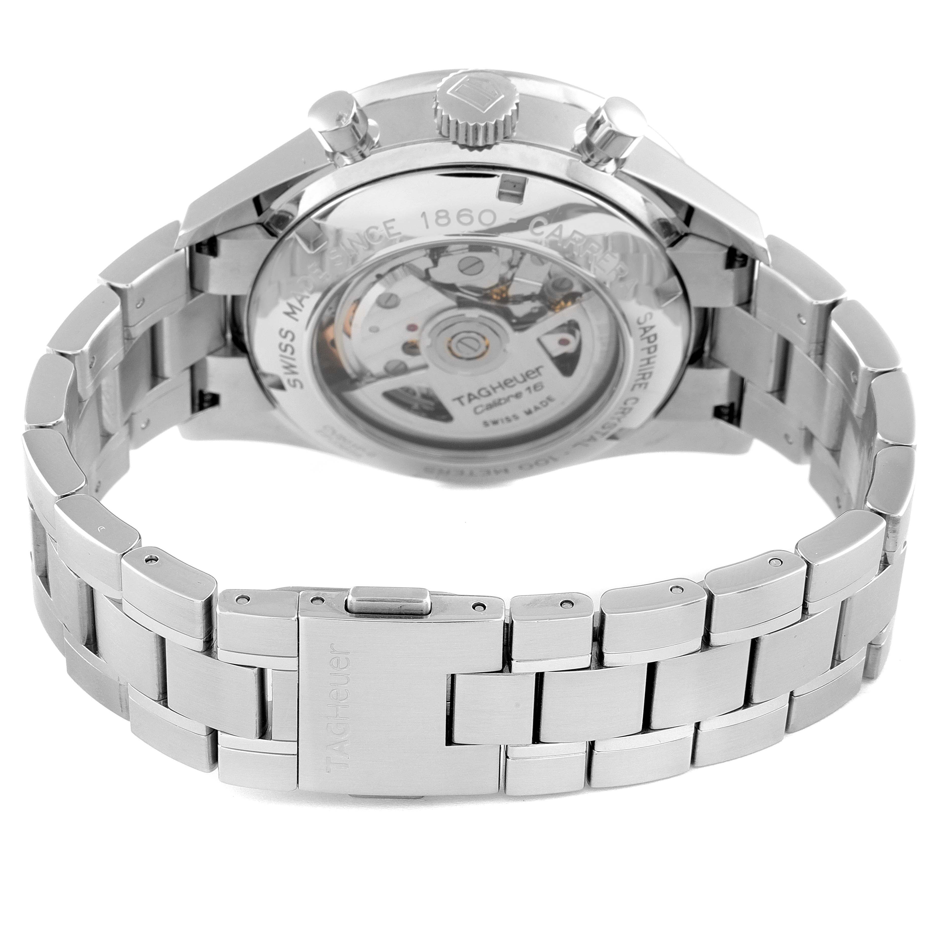 The image shows the backside of a Tag Heuer Carrera CV201P Men's Stainless Steel Mother of Pearl Dial CV201P Men's Stainless Steel Mother of Pearl Dial watch, highlighting the transparent case back and stainless steel bracelet.