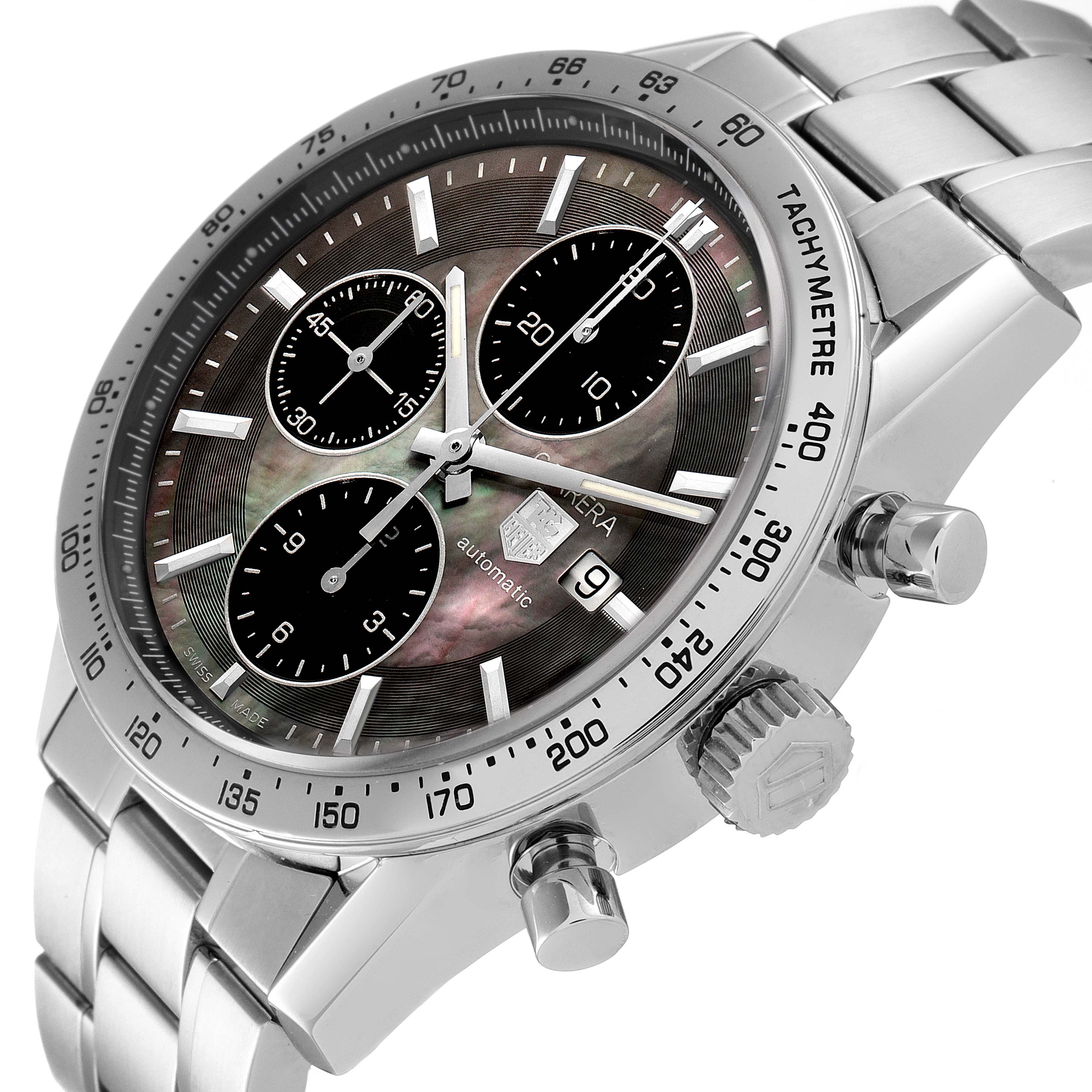 The image showcases the face and side, including the crown and pushers, of a Tag Heuer Carrera CV201P Men's Stainless Steel Mother of Pearl Dial CV201P Men's Stainless Steel Mother of Pearl Dial watch at a slight angle.