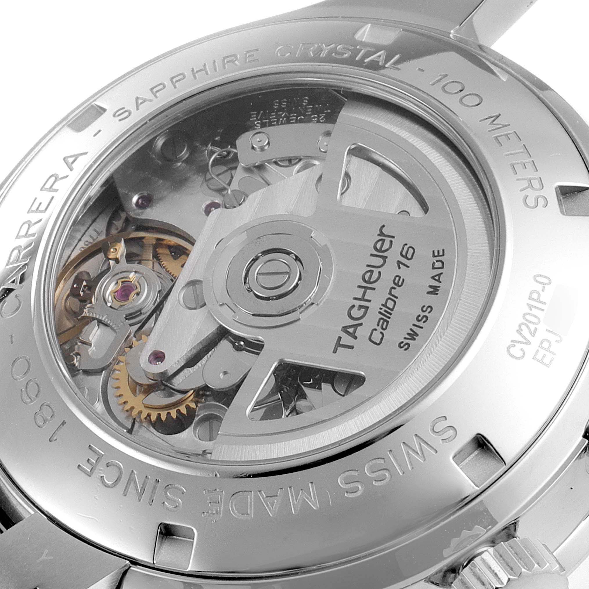 The image shows the back of the Tag Heuer Carrera CV201P Men's Stainless Steel Mother of Pearl Dial CV201P Men's Stainless Steel Mother of Pearl Dial watch, revealing its Calibre 16 movement and detailed internal mechanisms.