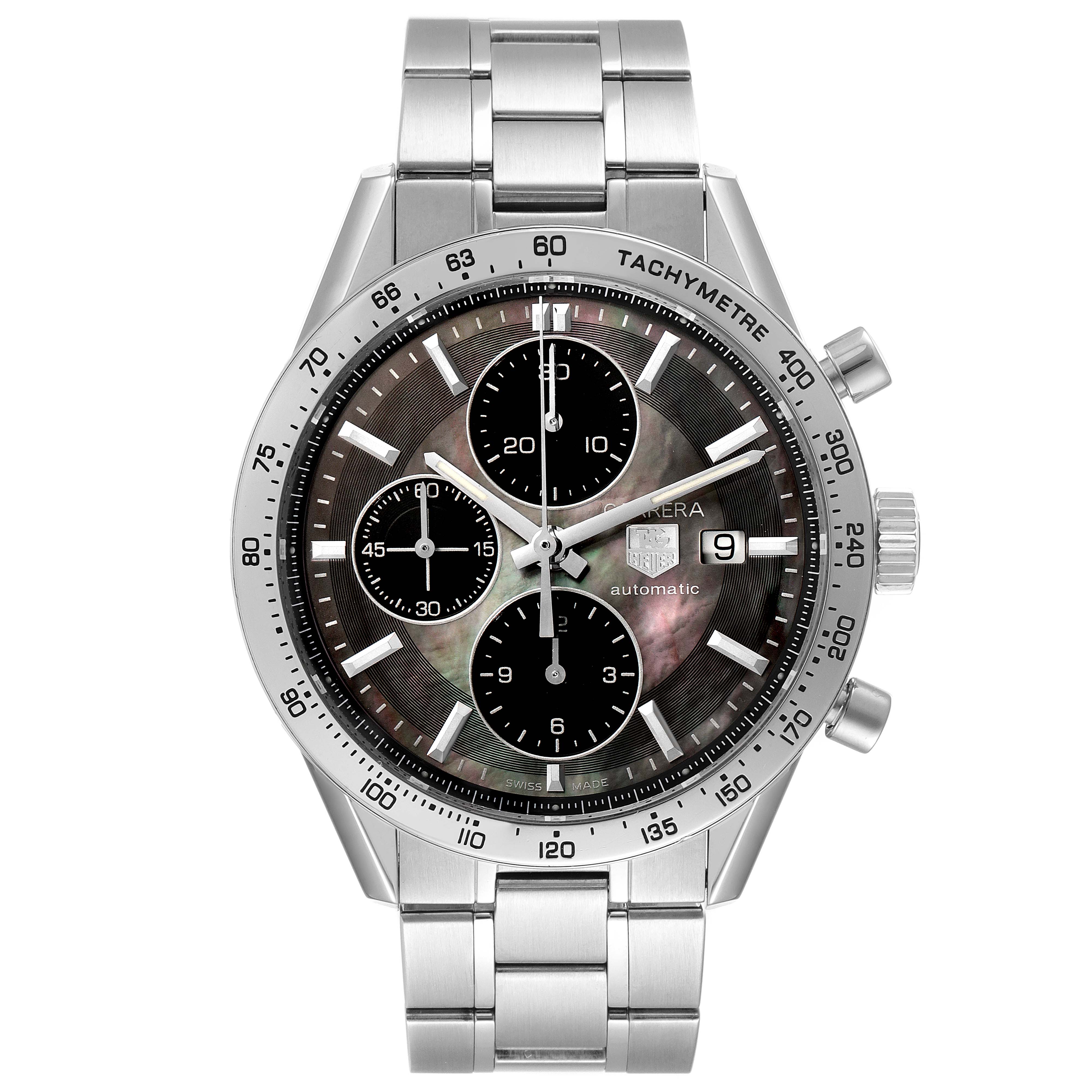 This image shows a front view of a Tag Heuer Carrera CV201P Men's Stainless Steel Mother of Pearl Dial CV201P Men's Stainless Steel Mother of Pearl Dial watch, displaying its dial, tachymeter bezel, and stainless steel bracelet.