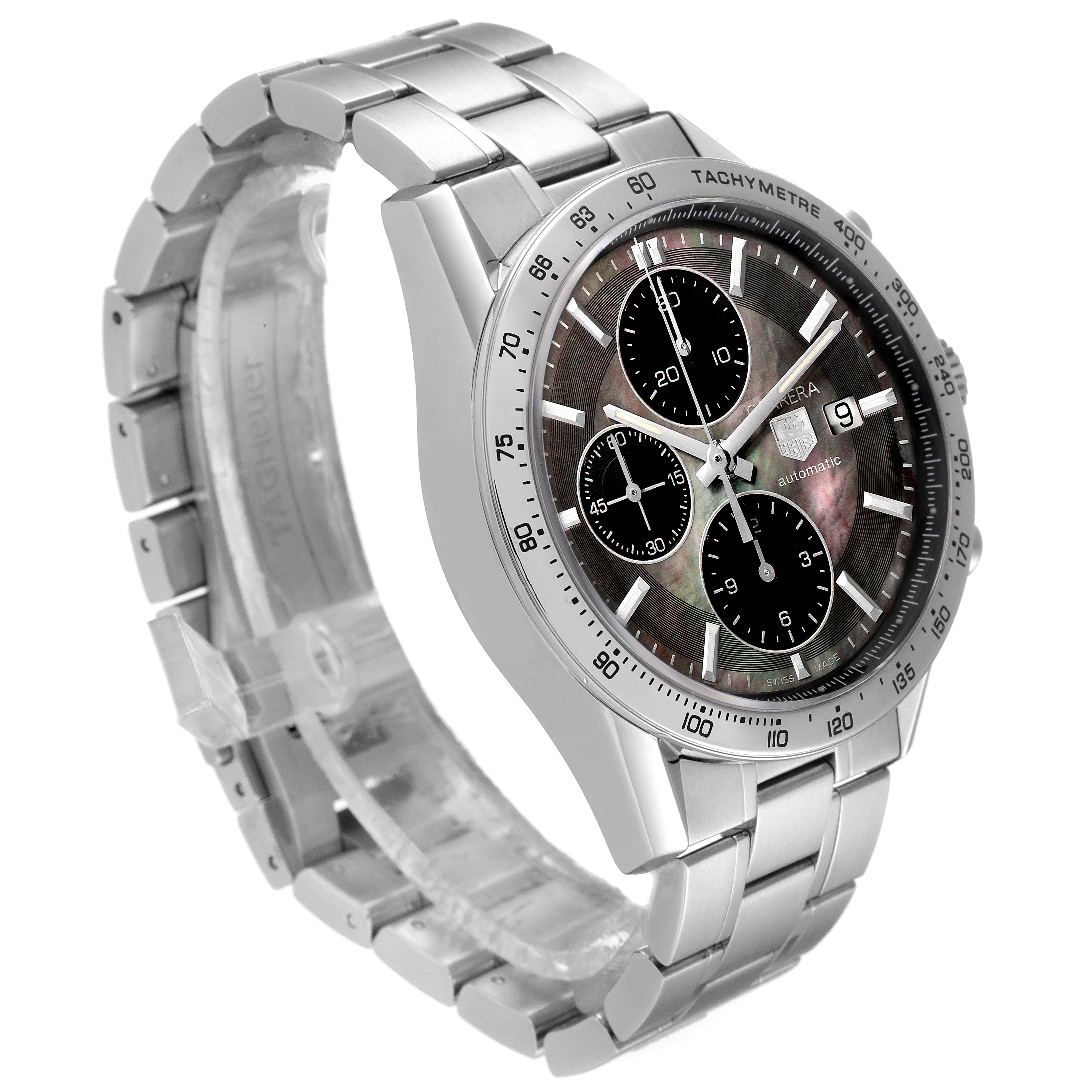 The Tag Heuer Carrera CV201P Men's Stainless Steel Mother of Pearl Dial CV201P Men's Stainless Steel Mother of Pearl Dial watch is shown at a 3/4 angle, highlighting its stainless steel bracelet and tachymeter bezel.