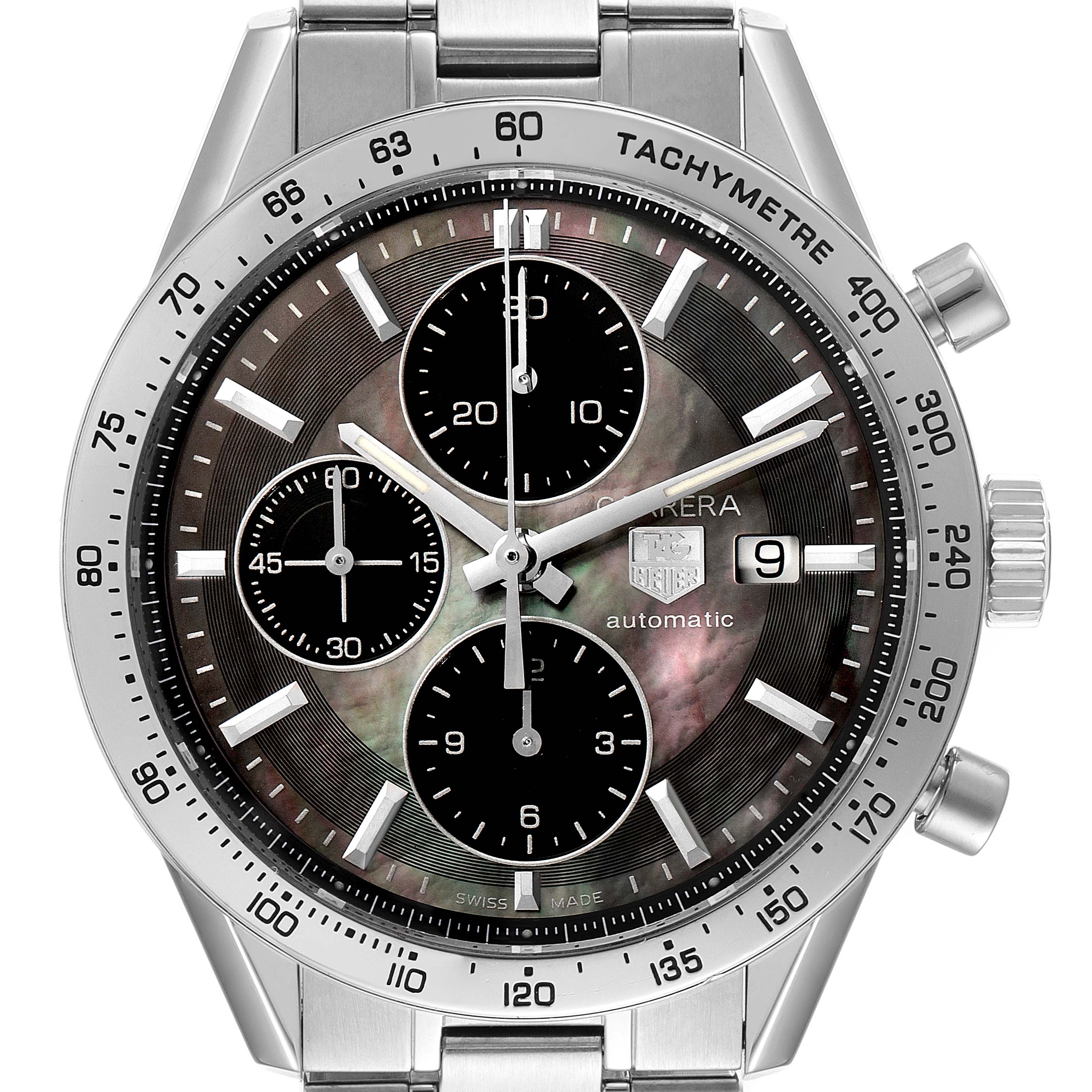 The image shows a front view of the Tag Heuer Carrera CV201P Men's Stainless Steel Mother of Pearl Dial CV201P Men's Stainless Steel Mother of Pearl Dial watch, with its face, hands, sub-dials, and tachymeter bezel visible.