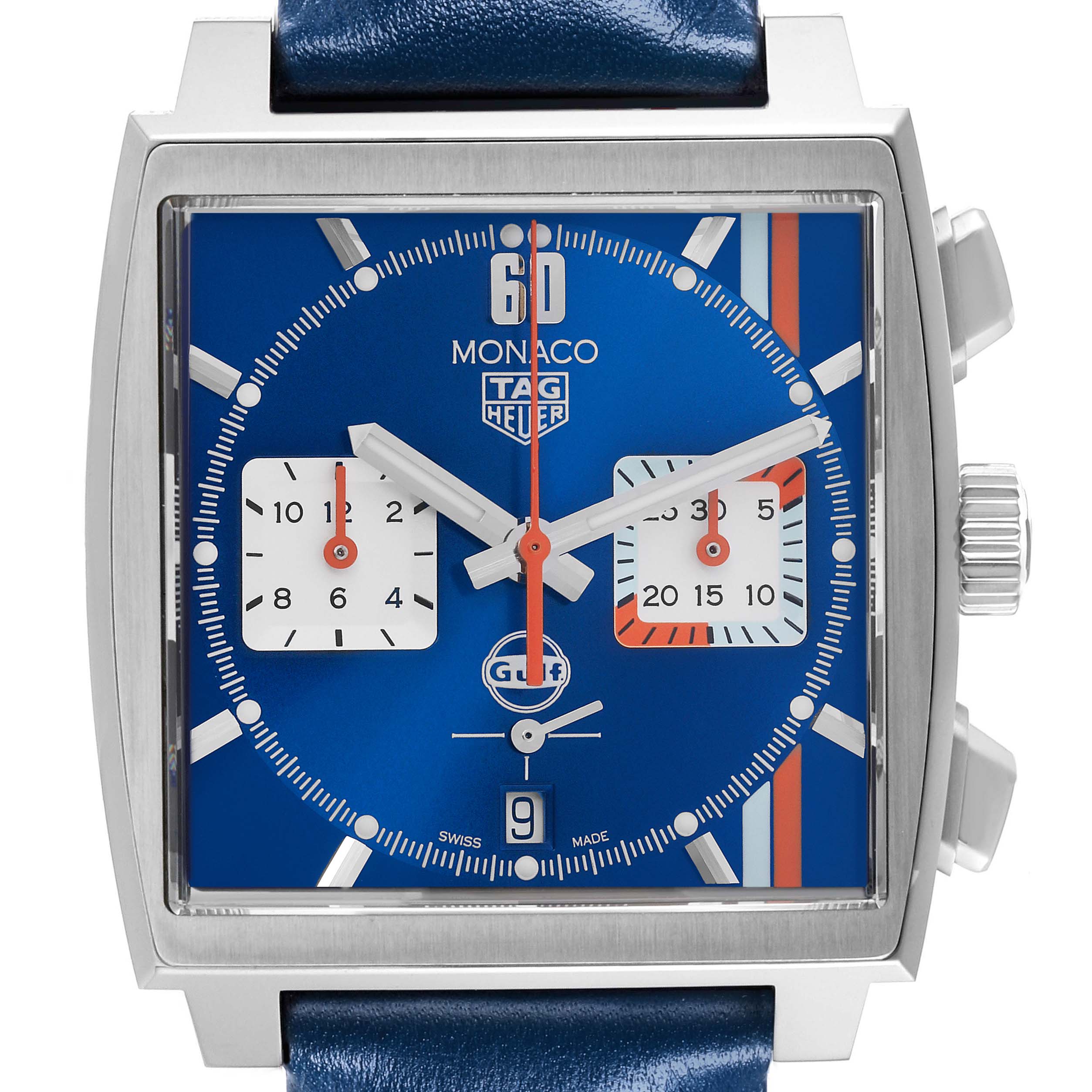 The image shows a frontal view of the Tag Heuer Monaco CBL2115.FC6494 Men's Stainless Steel Blue Dial CBL2115.FC6494 Men's Stainless Steel Blue Dial watch, highlighting the dial, hands, and subdials.