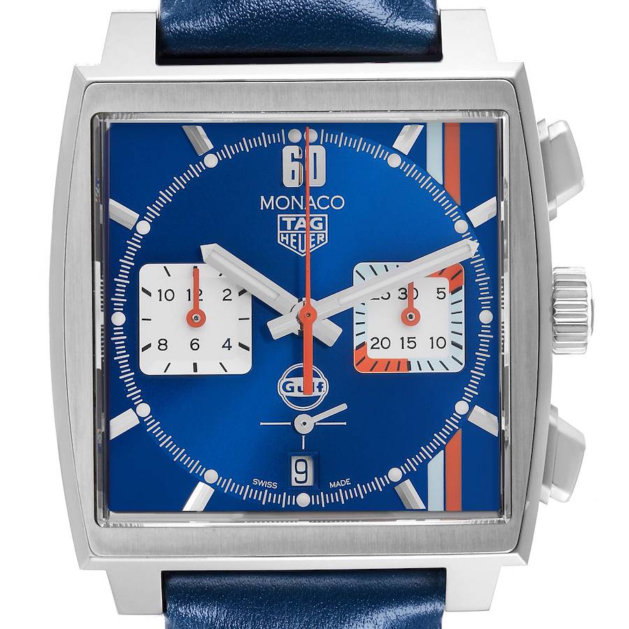 The image shows a frontal view of the Tag Heuer Monaco watch, highlighting the dial, hands, and subdials.