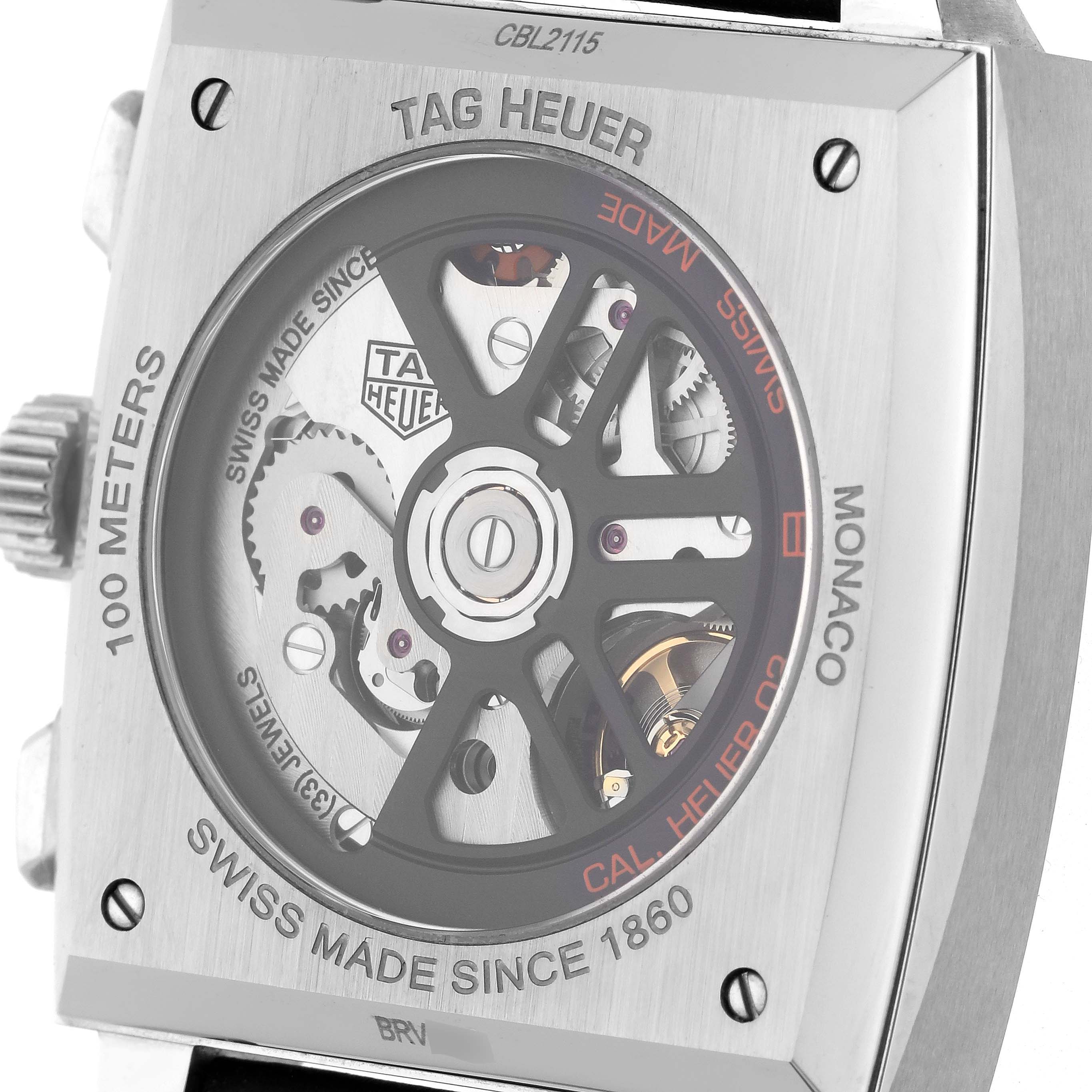 The image shows the back view of a Tag Heuer Monaco CBL2115.FC6494 Men's Stainless Steel Blue Dial CBL2115.FC6494 Men's Stainless Steel Blue Dial watch, displaying its intricate movement and case details.