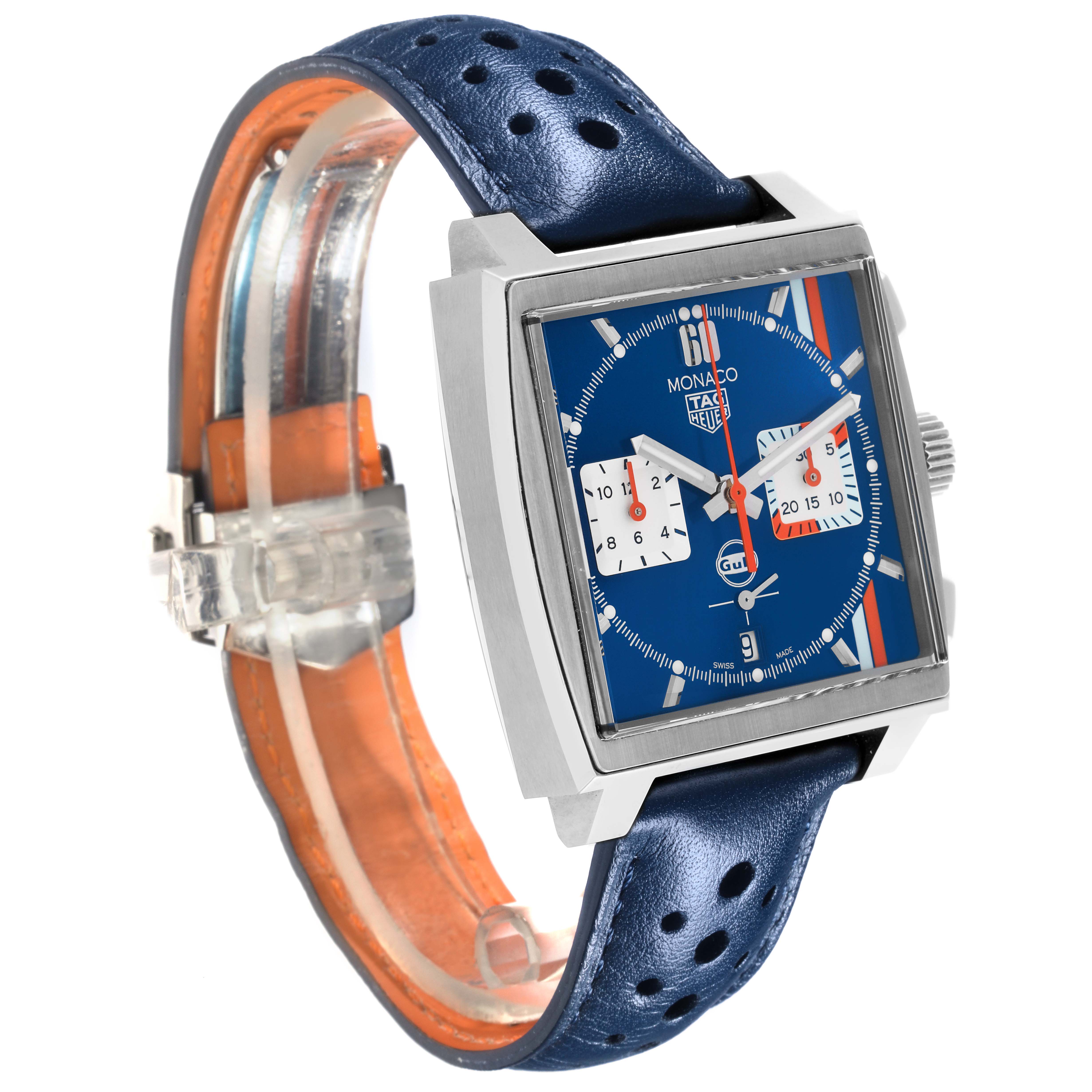 The Tag Heuer Monaco CBL2115.FC6494 Men's Stainless Steel Blue Dial CBL2115.FC6494 Men's Stainless Steel Blue Dial watch is shown at a three-quarter angle, displaying its square face, blue dial, and leather strap.