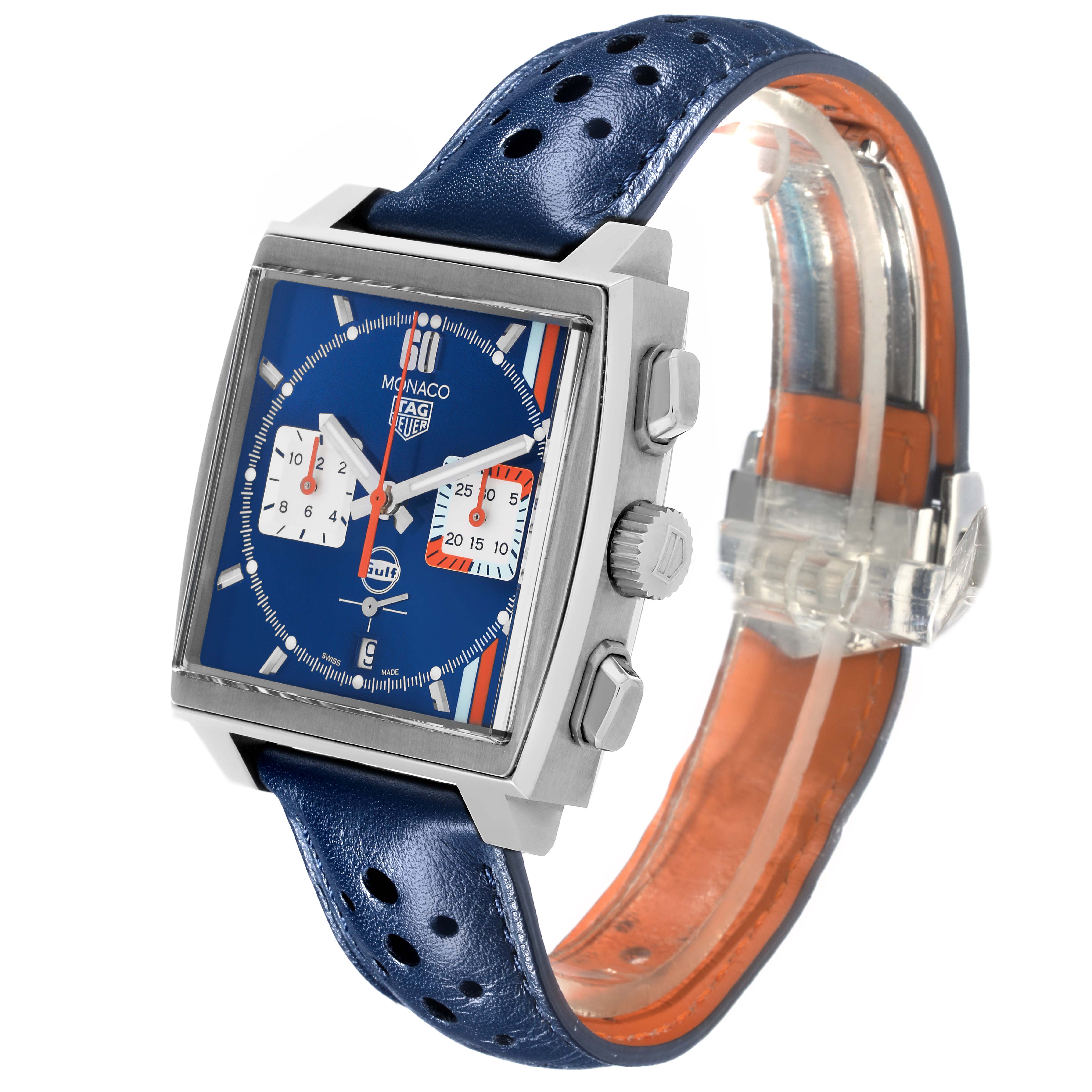 The Tag Heuer Monaco CBL2115.FC6494 Men's Stainless Steel Blue Dial CBL2115.FC6494 Men's Stainless Steel Blue Dial watch is shown at a three-quarter angle, highlighting the face, crown, and perforated blue leather strap.
