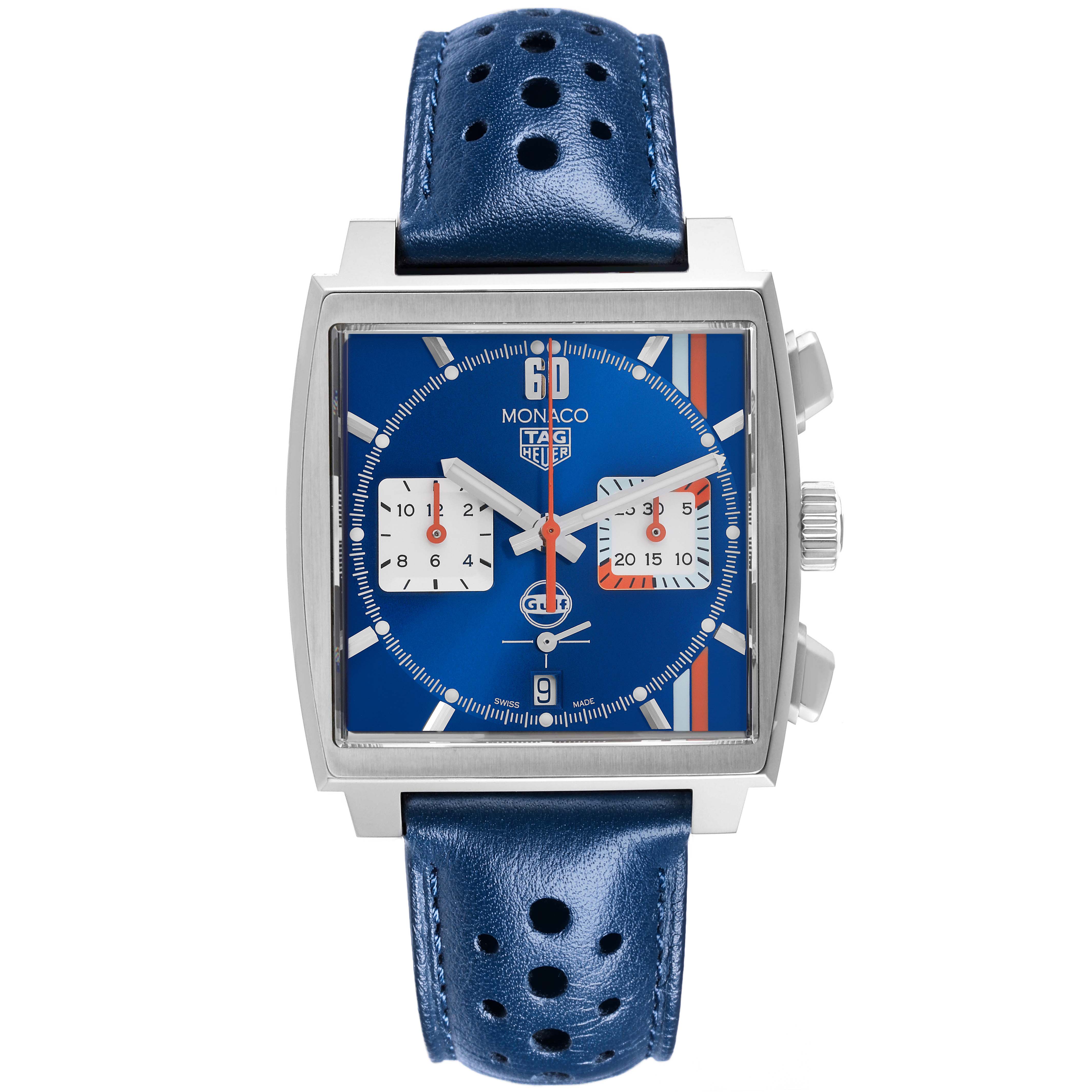 The Tag Heuer Monaco CBL2115.FC6494 Men's Stainless Steel Blue Dial CBL2115.FC6494 Men's Stainless Steel Blue Dial watch is shown from a front angle, displaying its square face, blue dial, subdials, and perforated blue strap.
