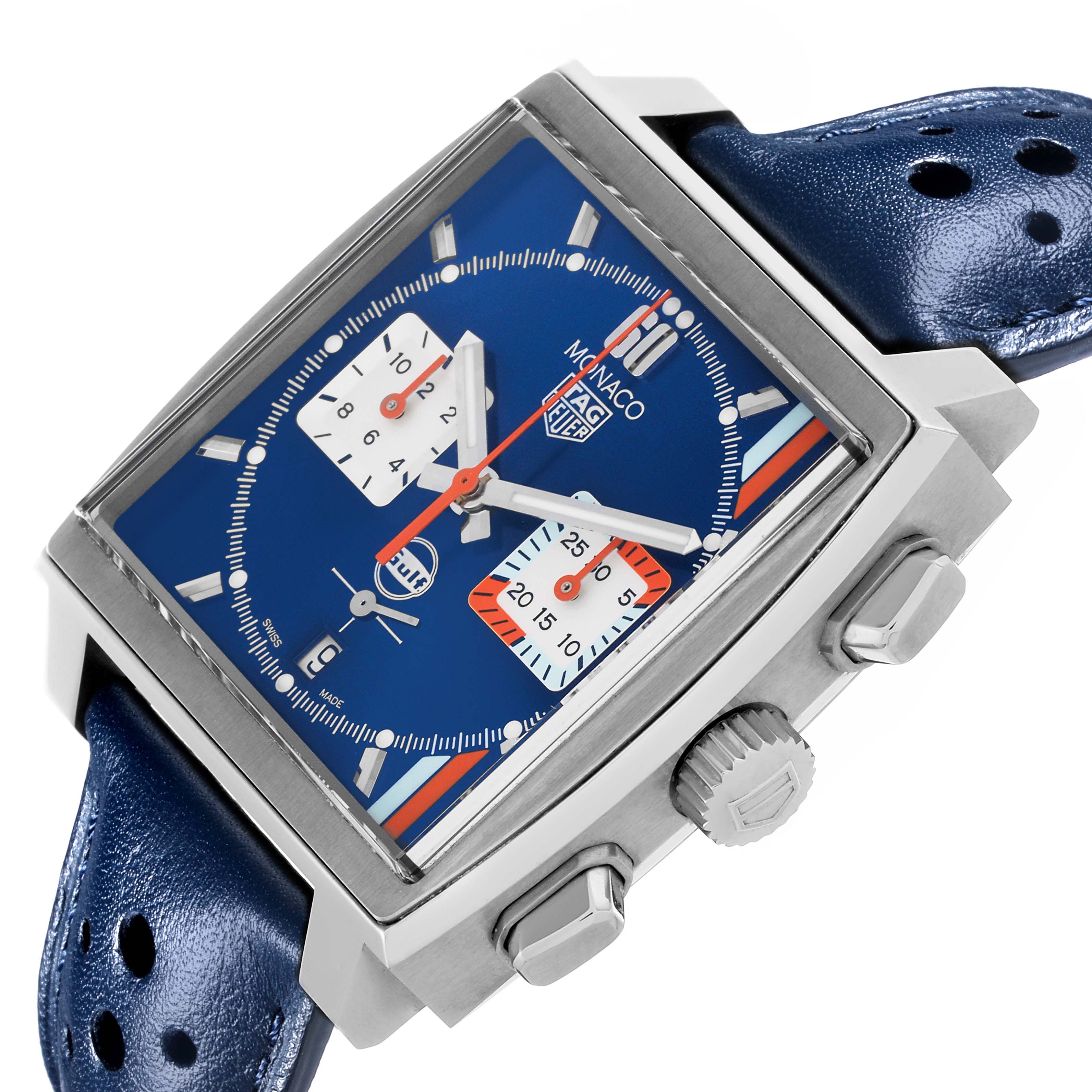 The Tag Heuer Monaco CBL2115.FC6494 Men's Stainless Steel Blue Dial CBL2115.FC6494 Men's Stainless Steel Blue Dial watch is shown at an angled view highlighting its square face, chronograph dials, and blue leather strap.