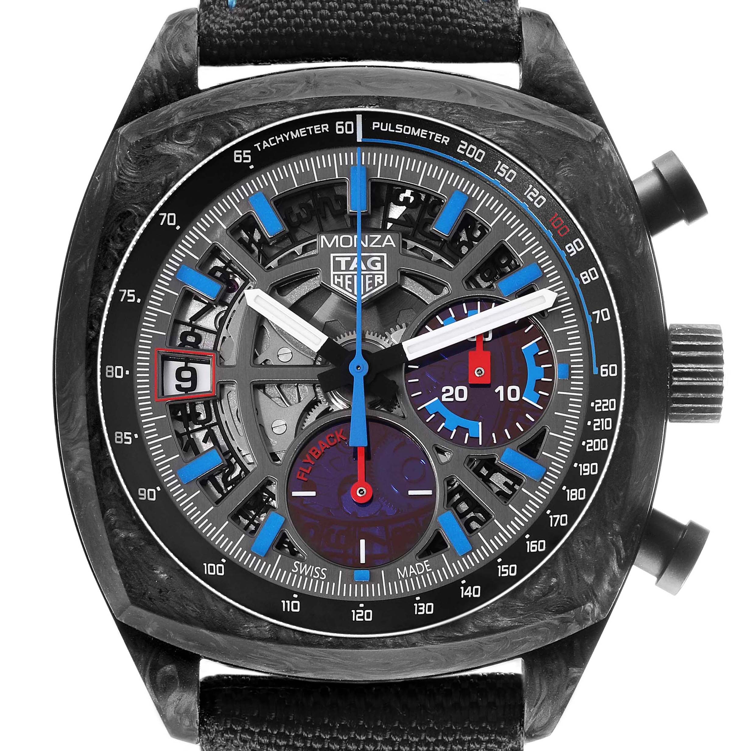 The TAG Heuer Monza watch is shown from the front, highlighting its dial, hands, subdials, crown, and tachymeter scale.
