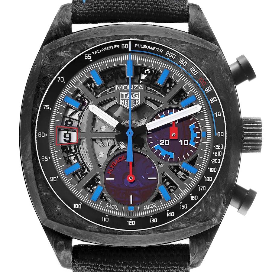 The TAG Heuer Monza watch is shown from the front, highlighting its dial, hands, subdials, crown, and tachymeter scale.