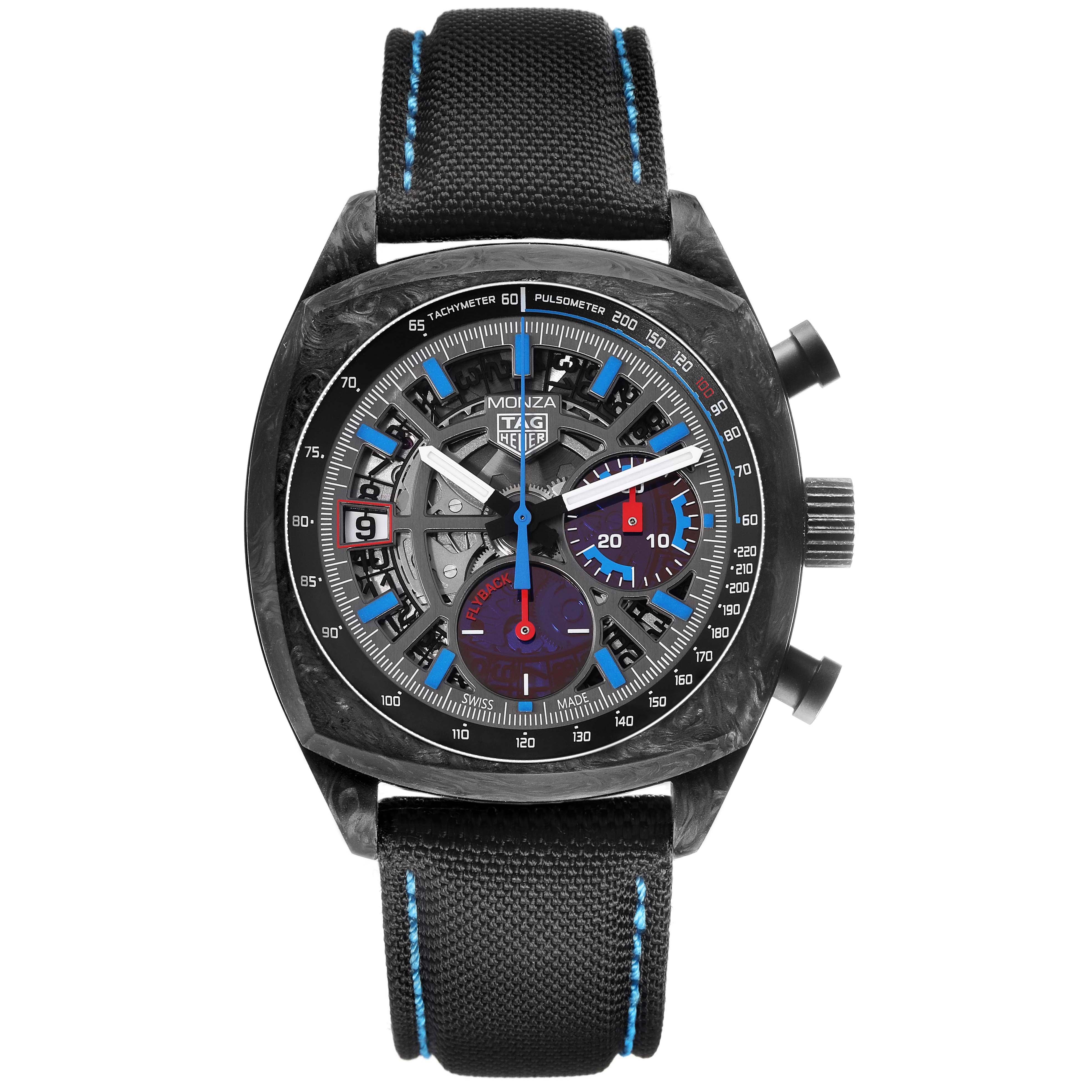The Tag Heuer Monza CR5090.FN6001 Men's Titanium Grey Dial watch is shown from a front angle, displaying the dial, case, crown, pushers, and strap with blue stitching.