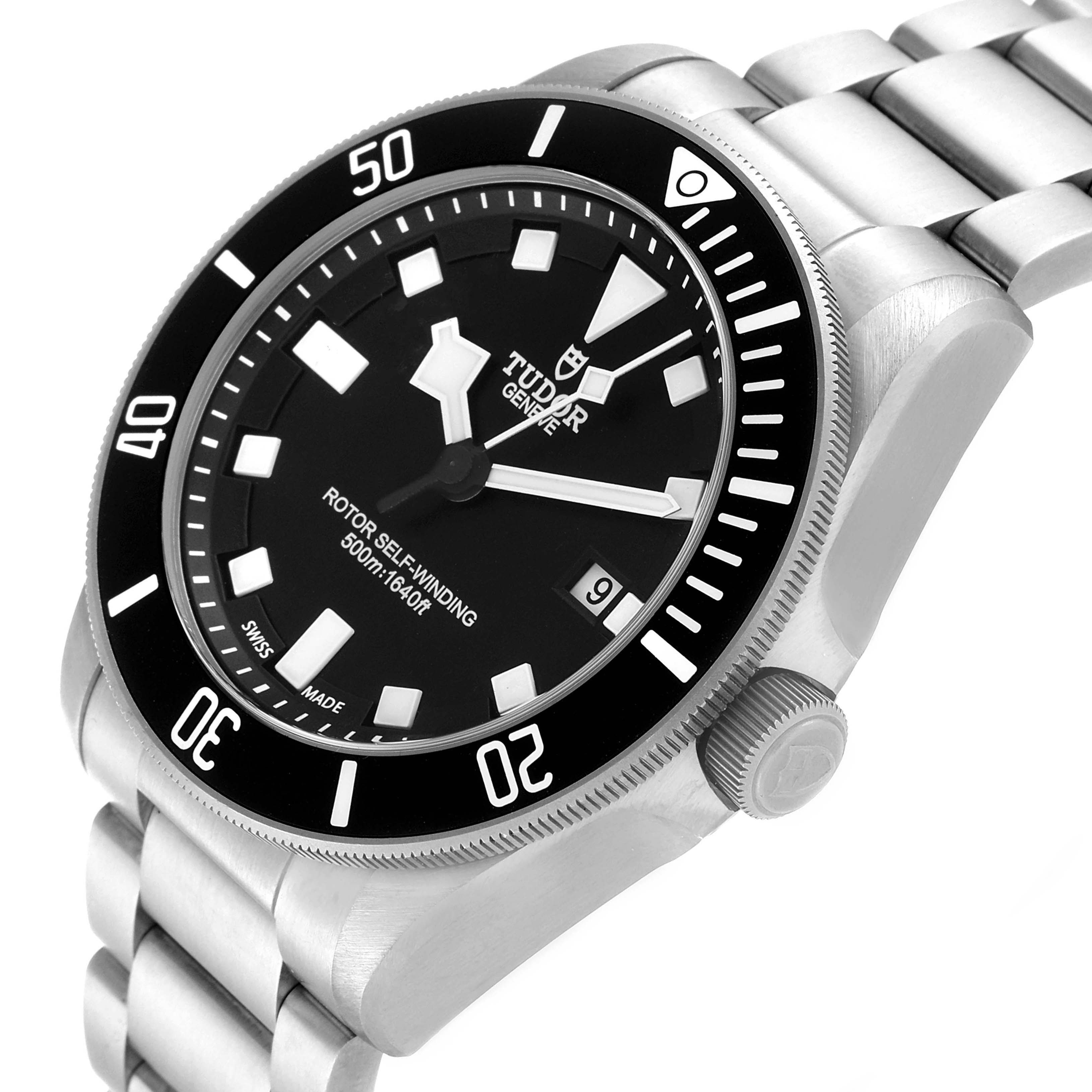 The image shows a Tudor Pelagos 25500TN Men's Platinum Black Dial 25500TN Men's Platinum Black Dial watch at an angled view, highlighting its face, bezel, crown, and part of the bracelet.