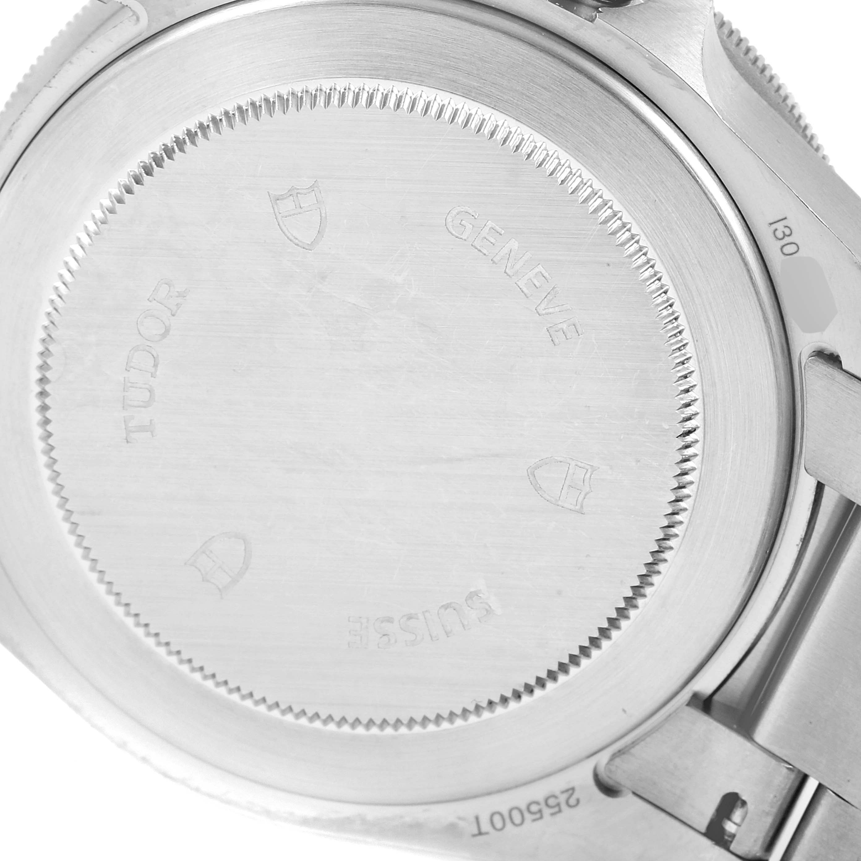 This image shows the underside of a Tudor Pelagos 25500TN Men's Platinum Black Dial 25500TN Men's Platinum Black Dial watch, focusing on its stainless steel case back.