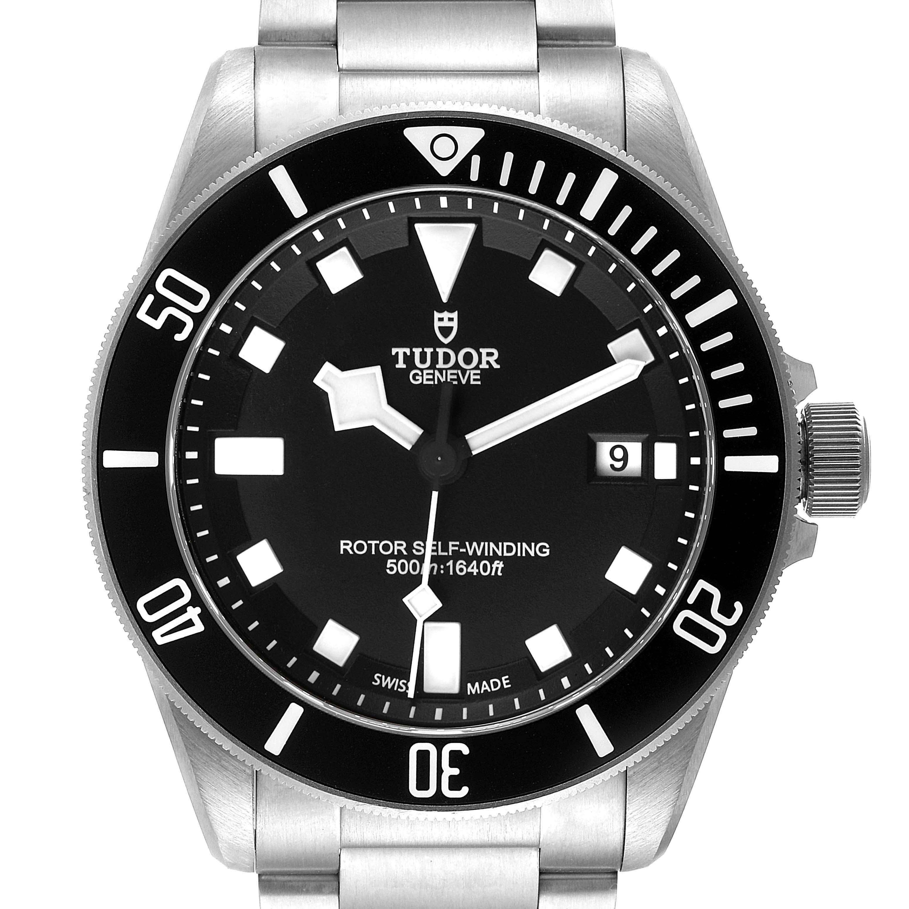The image shows a front-facing view of a Tudor Pelagos 25500TN Men's Platinum Black Dial 25500TN Men's Platinum Black Dial watch, highlighting the dial, bezel, and part of the bracelet.