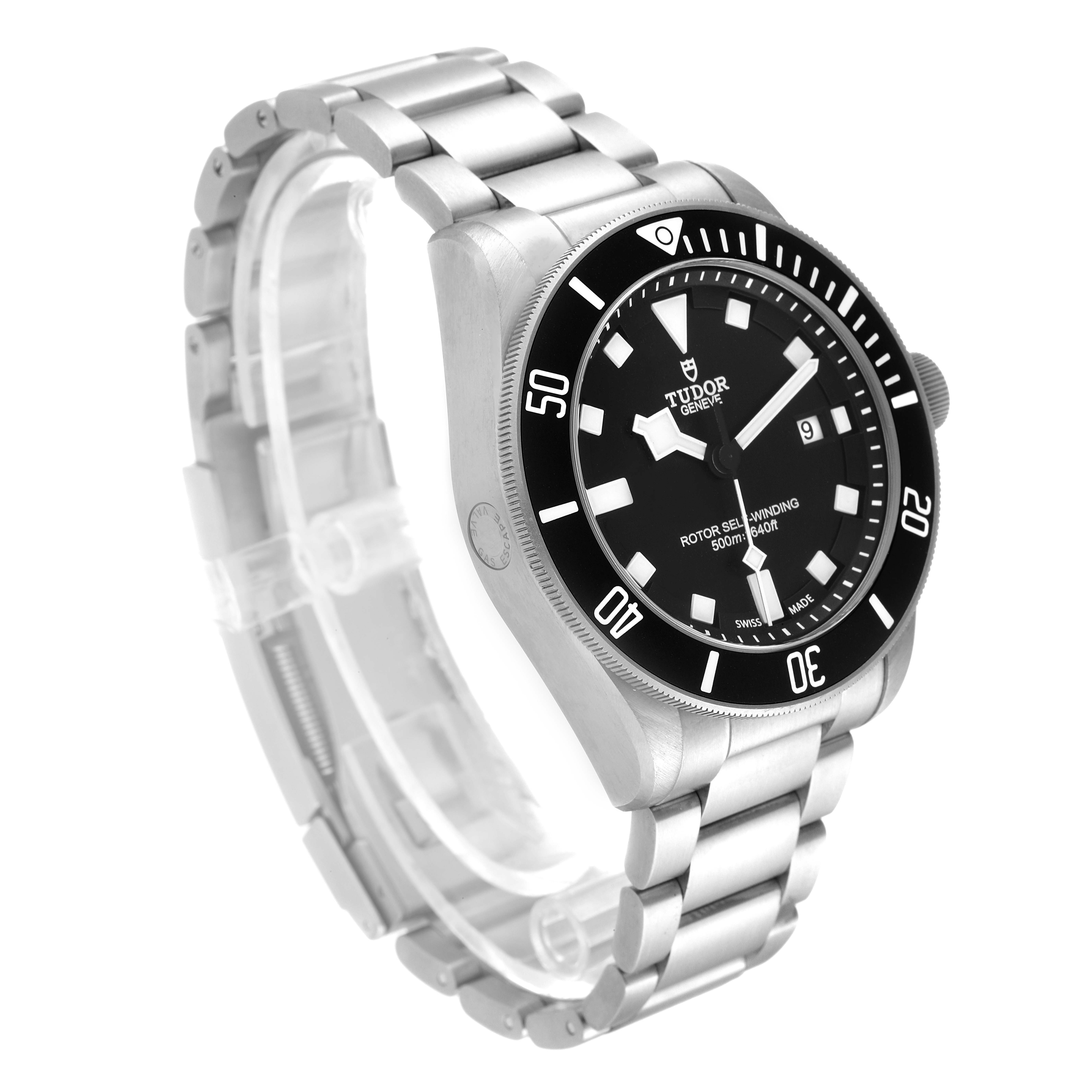 The image shows the Tudor Pelagos 25500TN Men's Platinum Black Dial 25500TN Men's Platinum Black Dial watch at a three-quarter angle, highlighting its face, bezel, and metal bracelet.