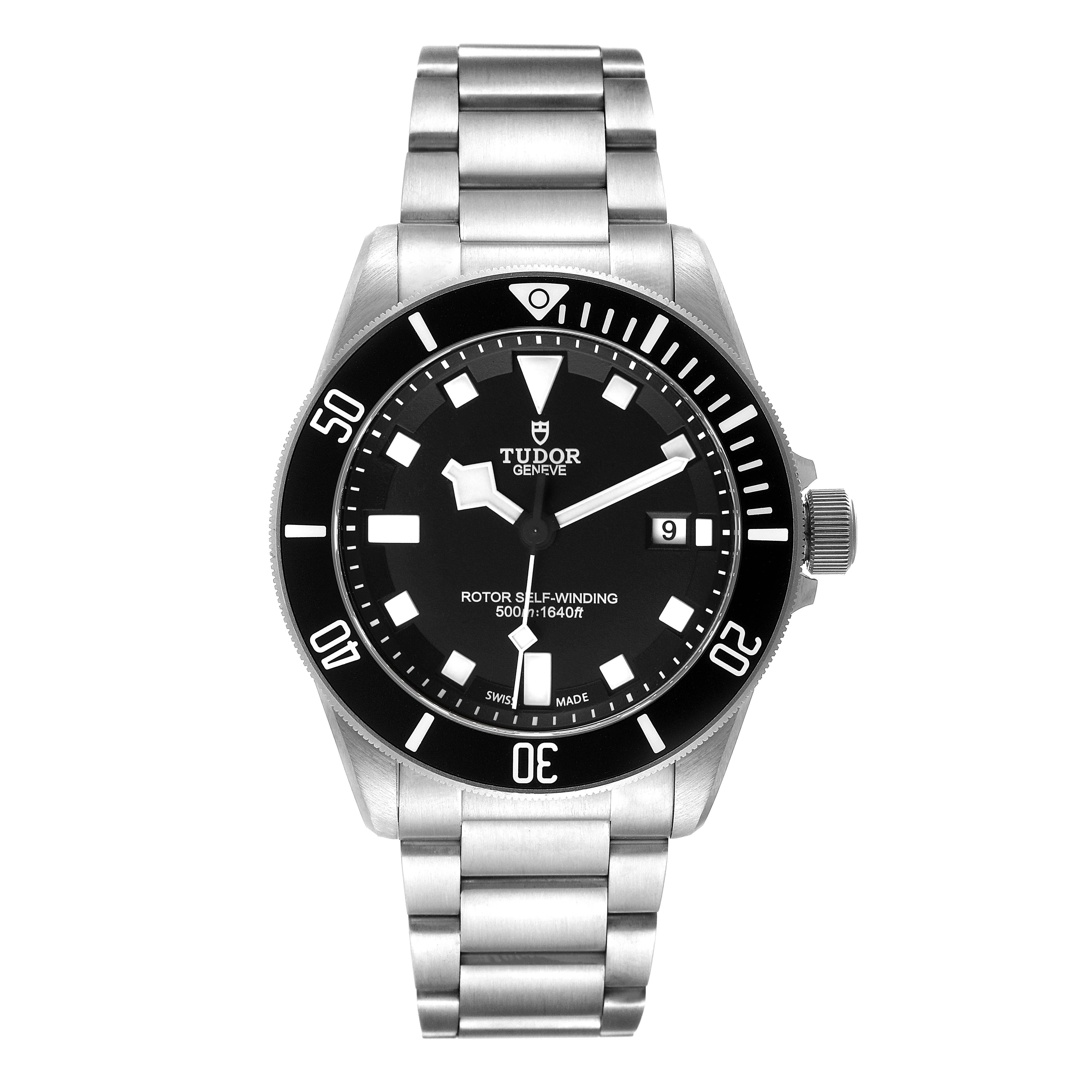This image shows a frontal view of the Tudor Pelagos 25500TN Men's Platinum Black Dial 25500TN Men's Platinum Black Dial model watch, displaying the face and metal strap.