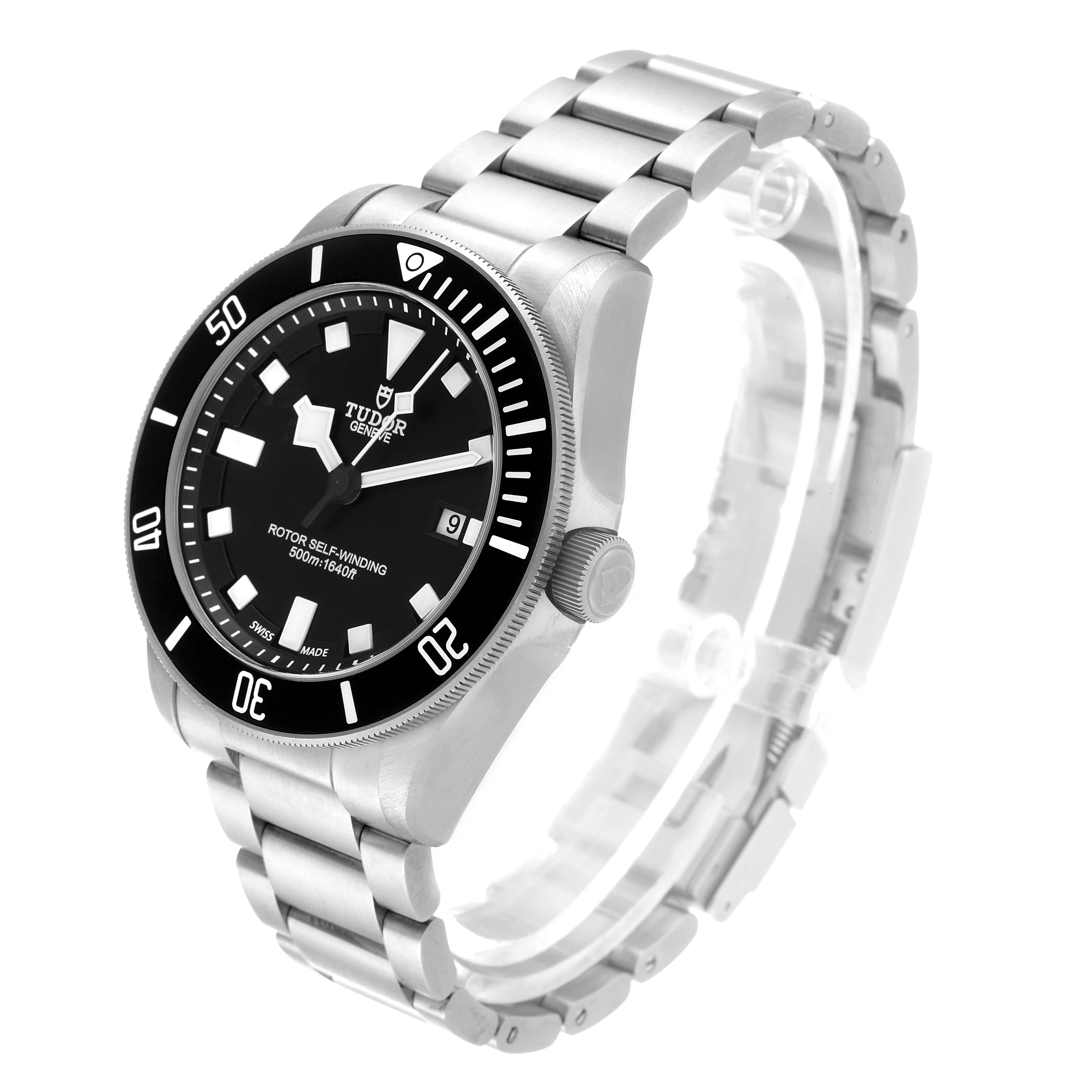 The image shows a Tudor Pelagos 25500TN Men's Platinum Black Dial 25500TN Men's Platinum Black Dial model watch at an angled view, highlighting the face, bezel, crown, and metal bracelet.