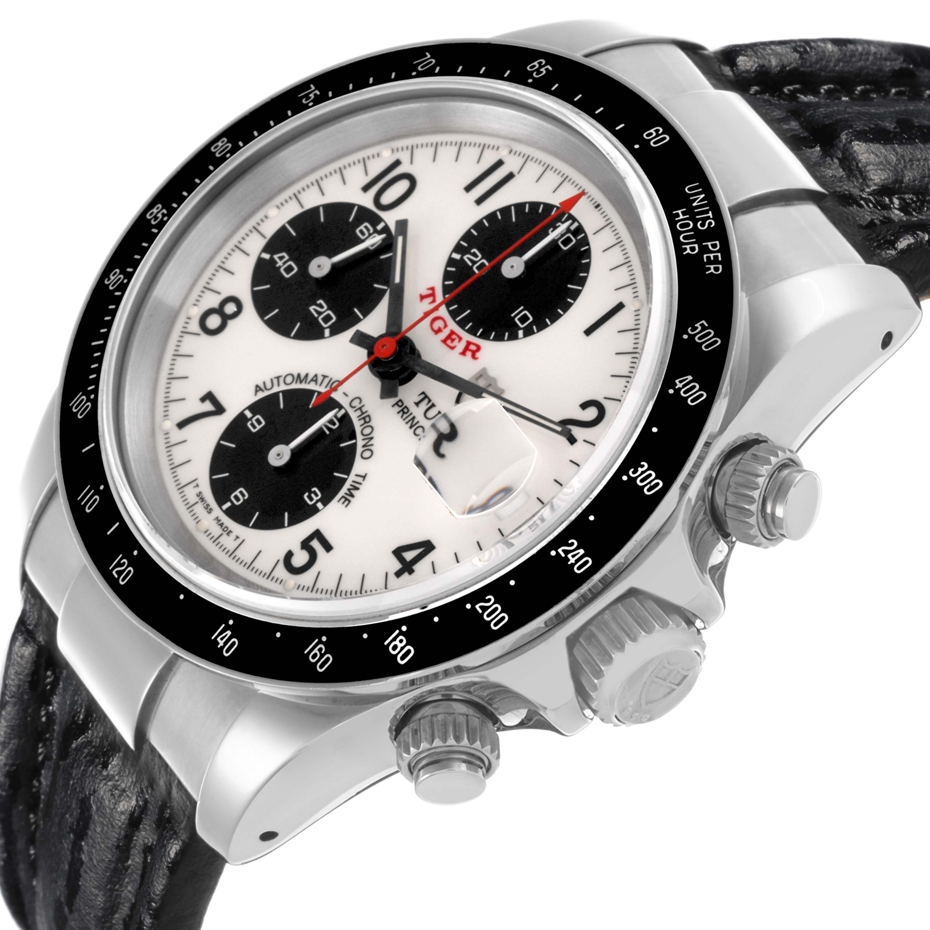 The Tudor Tiger 79260 Men's Stainless Steel White Dial 79260 Men's Stainless Steel White Dial model is shown at an angled close-up, highlighting the dial, subdials, bezel, crown, and black leather strap.