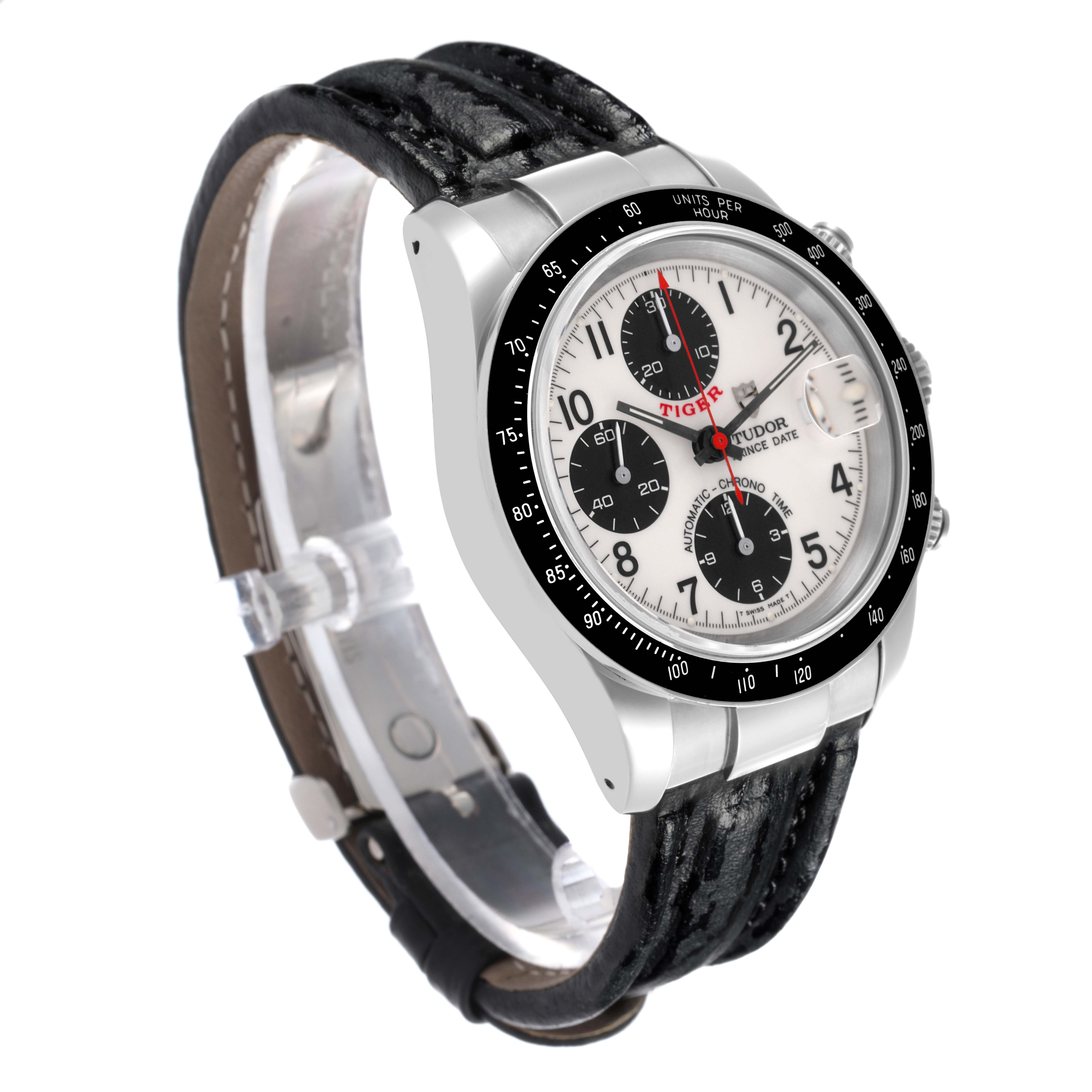 The Tudor Tiger 79260 Men's Stainless Steel White Dial 79260 Men's Stainless Steel White Dial watch is shown at a slight angle, displaying its face, bezel, and leather strap.